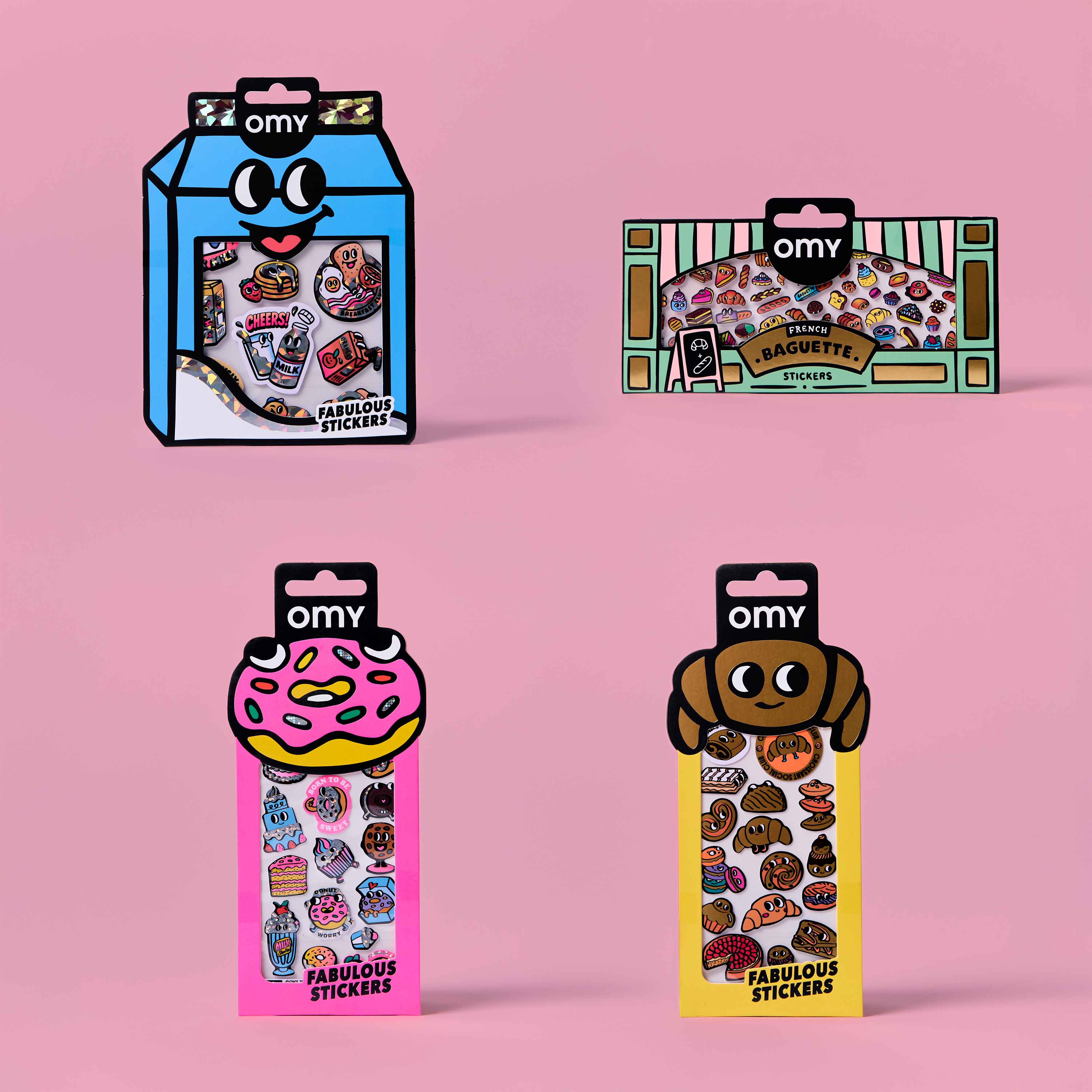 Four packages of OMY stickers with colorful designs on a pink background