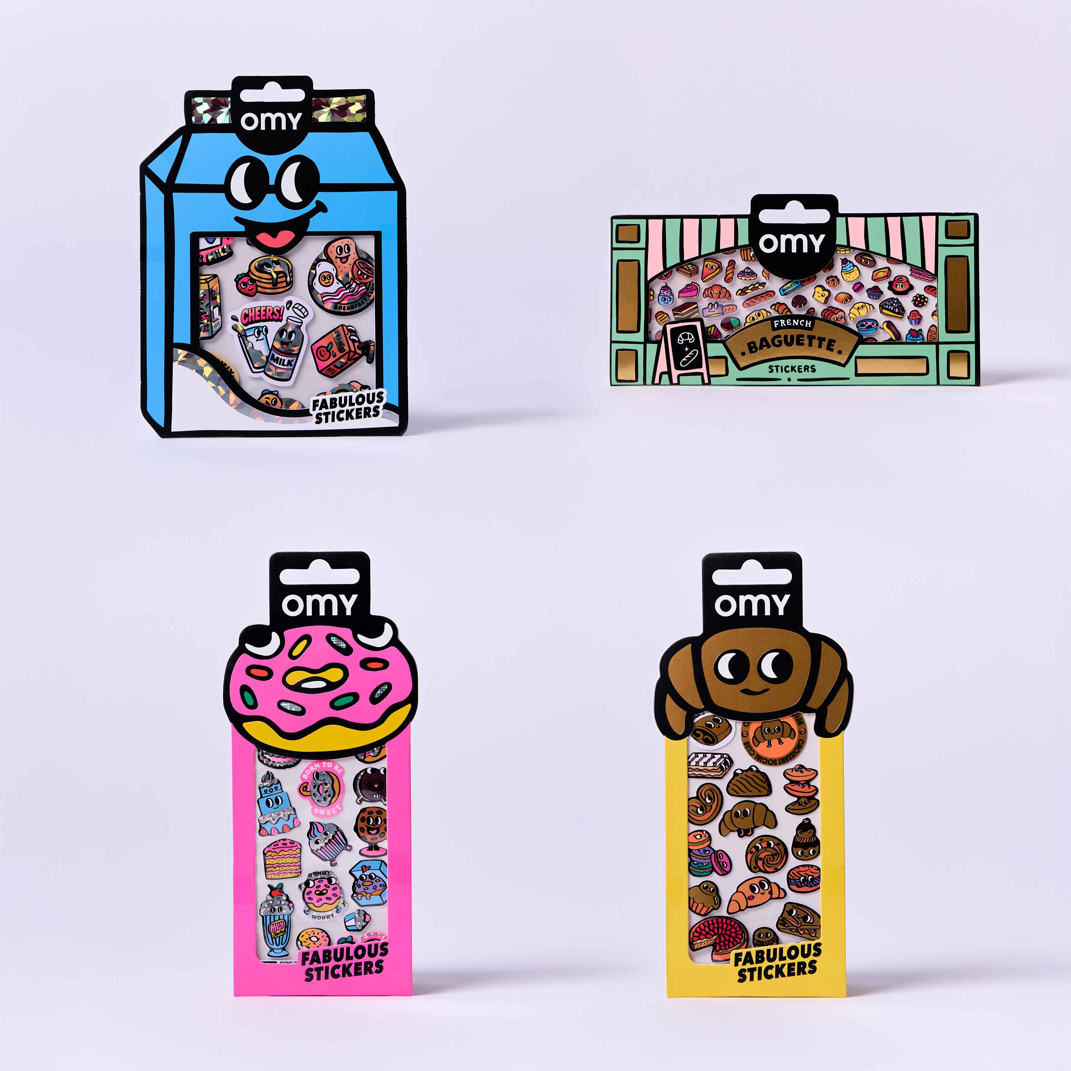 Four packages of OMY stickers with different designs and colors on a light purple background.