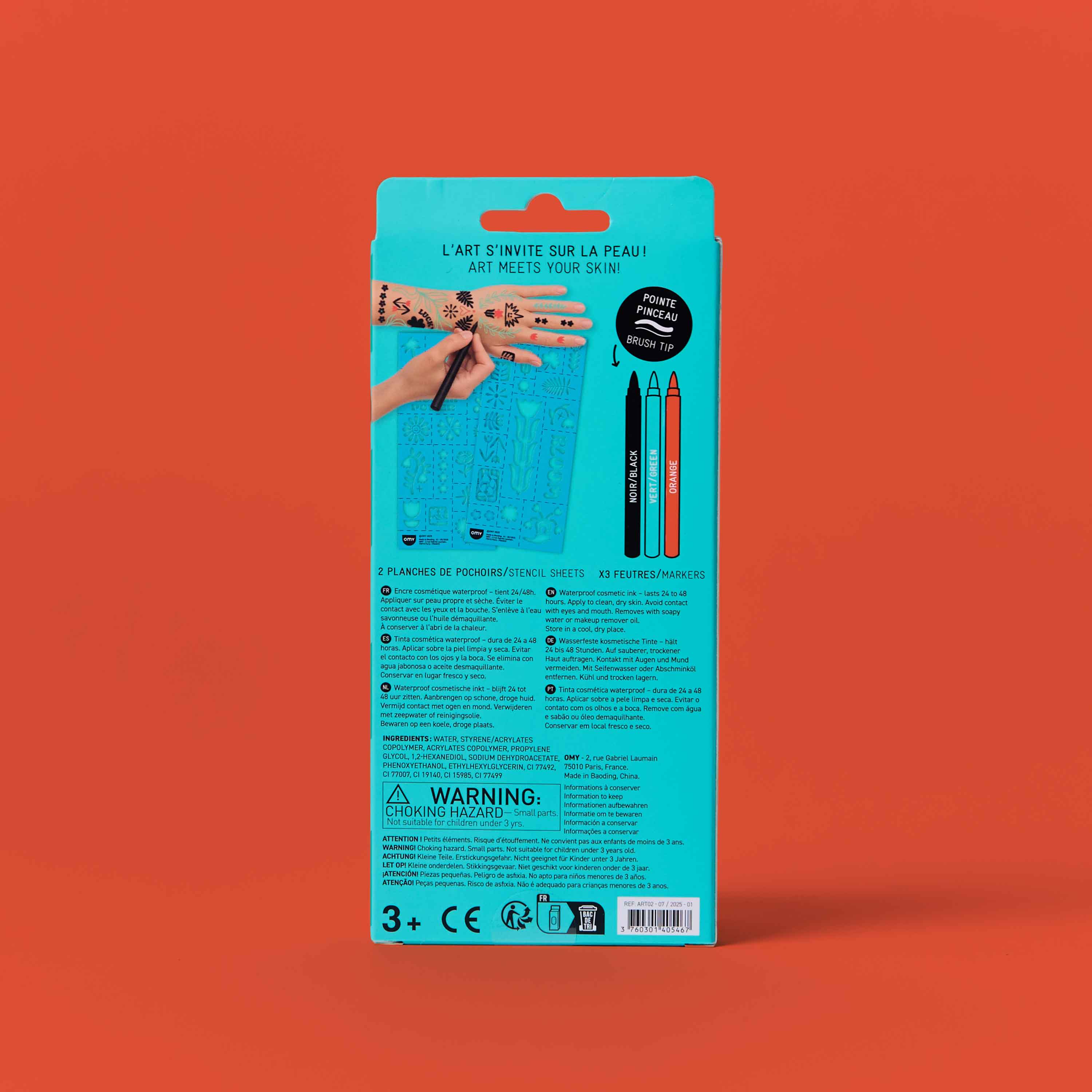 Back of OMY Tattoo Art Flower Power temporary tattoo markers kit with instructions and details