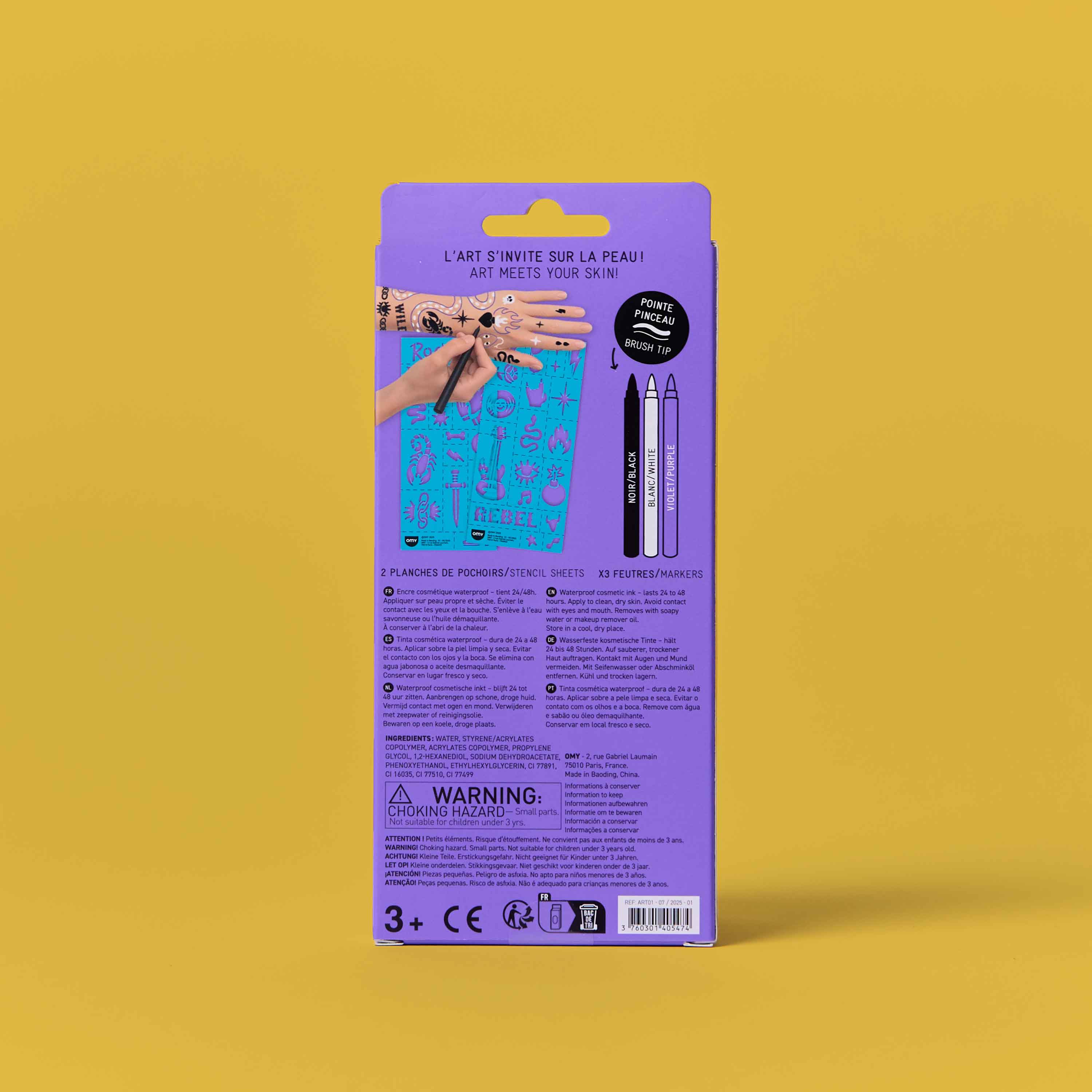 Back of OMY Tattoo Art Rock Club temporary tattoo markers kit with instructions and details