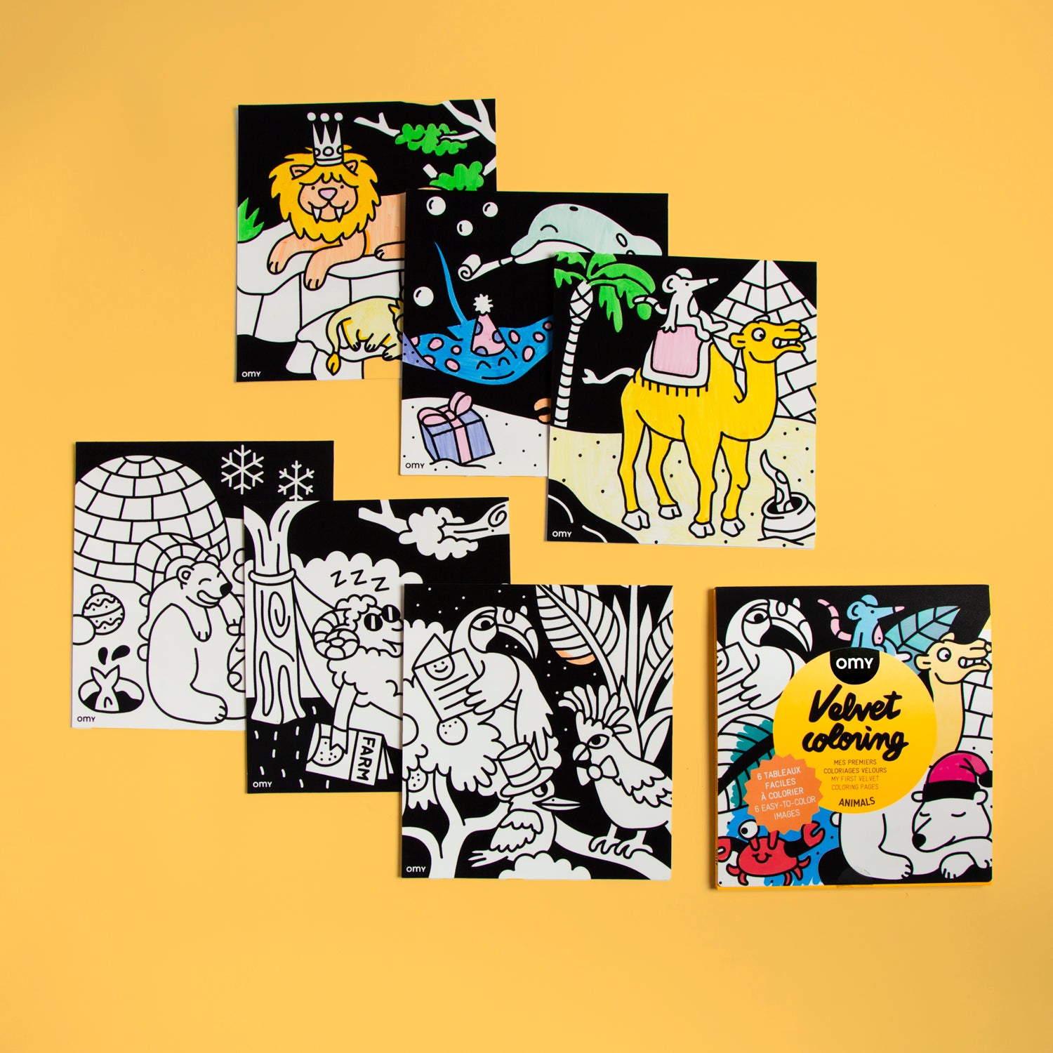 Velvet Coloring books animals OMY with black and white illustrations on a yellow background