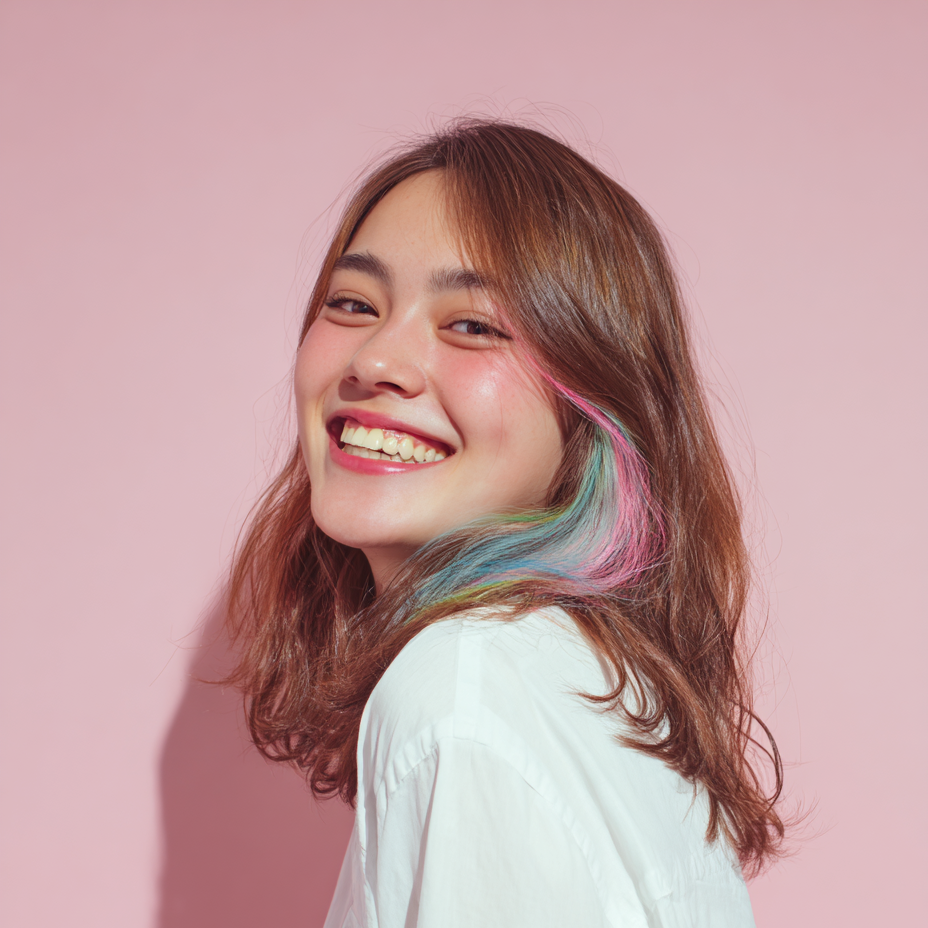 Smiling young woman with rainbow hair color highlights β pink, blue and green temporary hair chalk by OMY on pink background