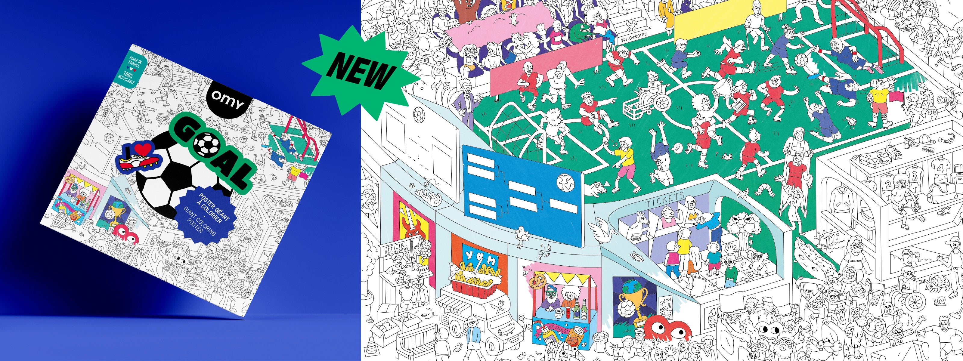 OMY GOAL giant coloring poster featuring a detailed football stadium scene with players and crowd, alongside the product packaging and a βNewβ label.