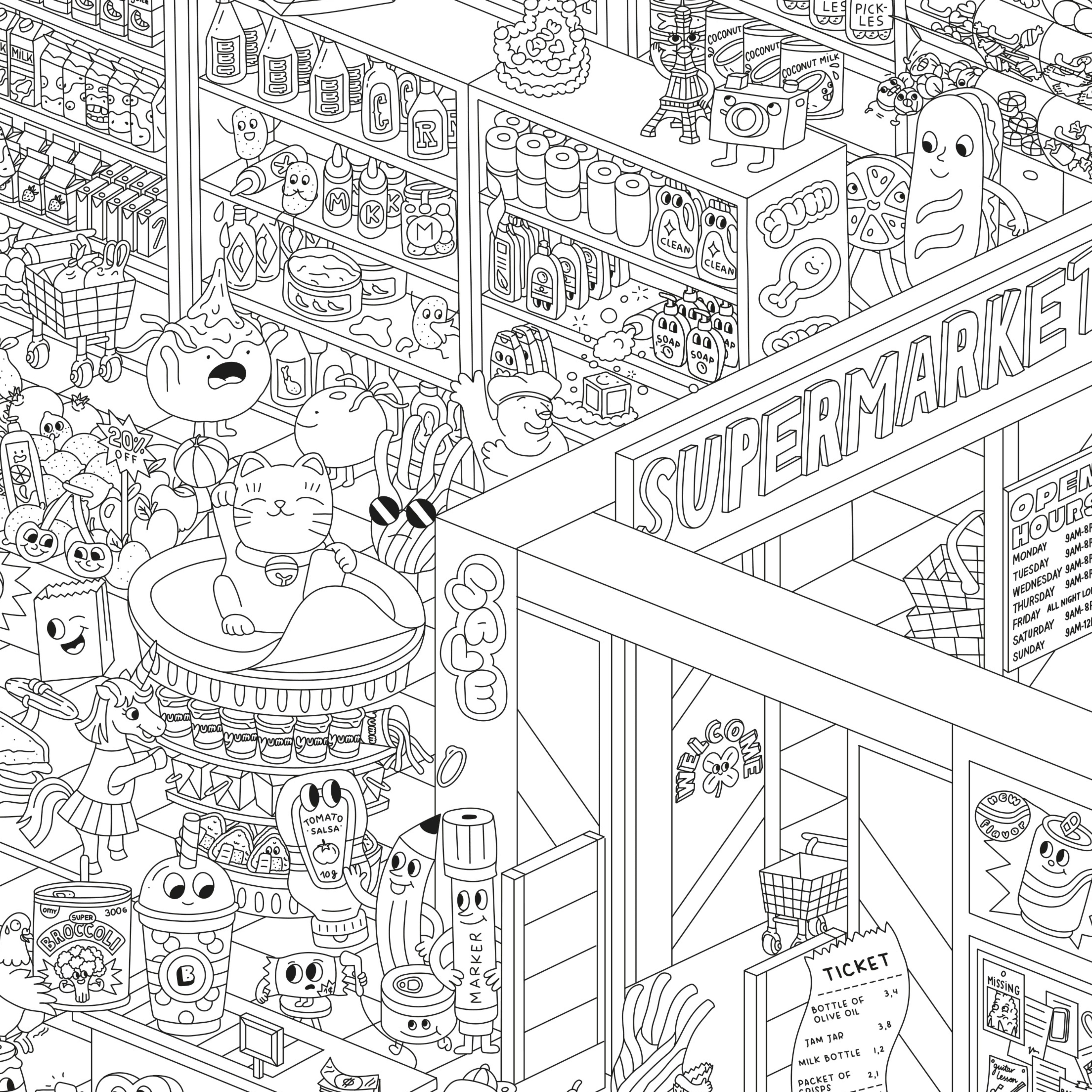 Close-up of the OMY Super Market Giant Coloring Poster with detailed grocery store illustrations – perfect for creative coloring sessions for children and adults.