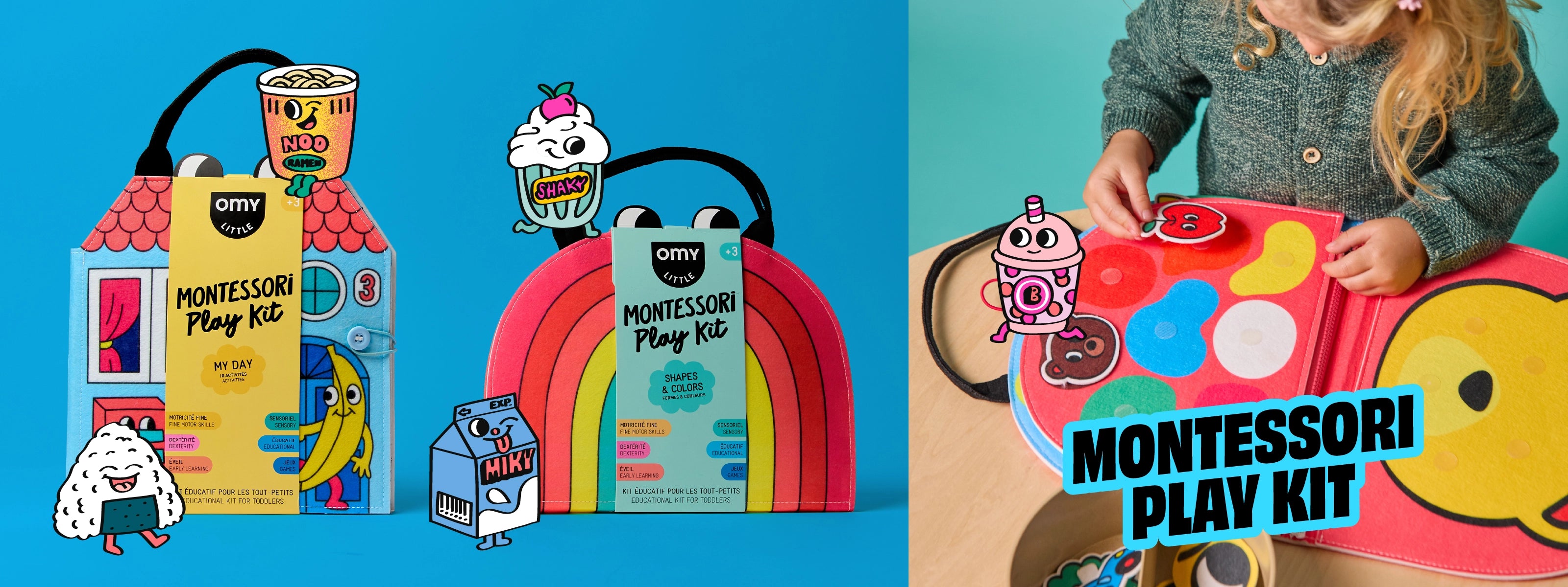 OMY Montessori Play Kit bundle featuring two colorful activity sets displayed on a blue background, alongside a child playing with a montessori play kit OMY