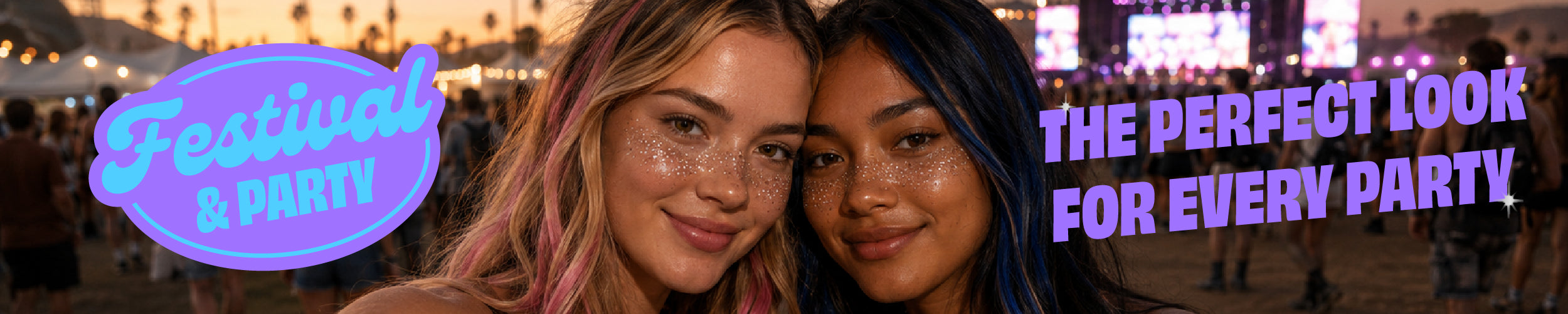 Festival & Party – OMY body art and glitter makeup banner featuring two young women with sparkly face glitter and colorful hair at an outdoor music festival. The perfect look for every party.