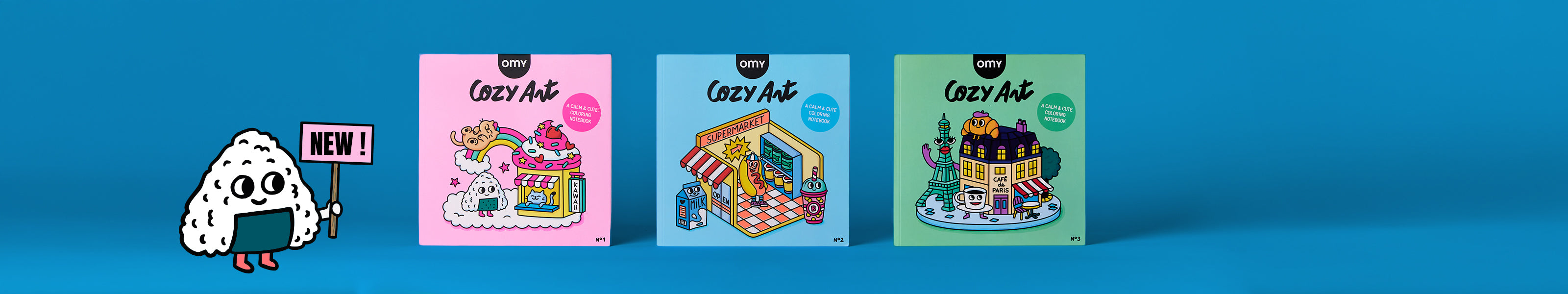 Desktop banner for OMY Cozy Art Onigiri edition: a smiling onigiri character holding a 'NEW!' sign on the left and three Cozy Art kit boxes (Onigiri, Pizzeria and House editions) lined up on a blue background, promoting new Cozy Art creative kits for kids ages 3+.