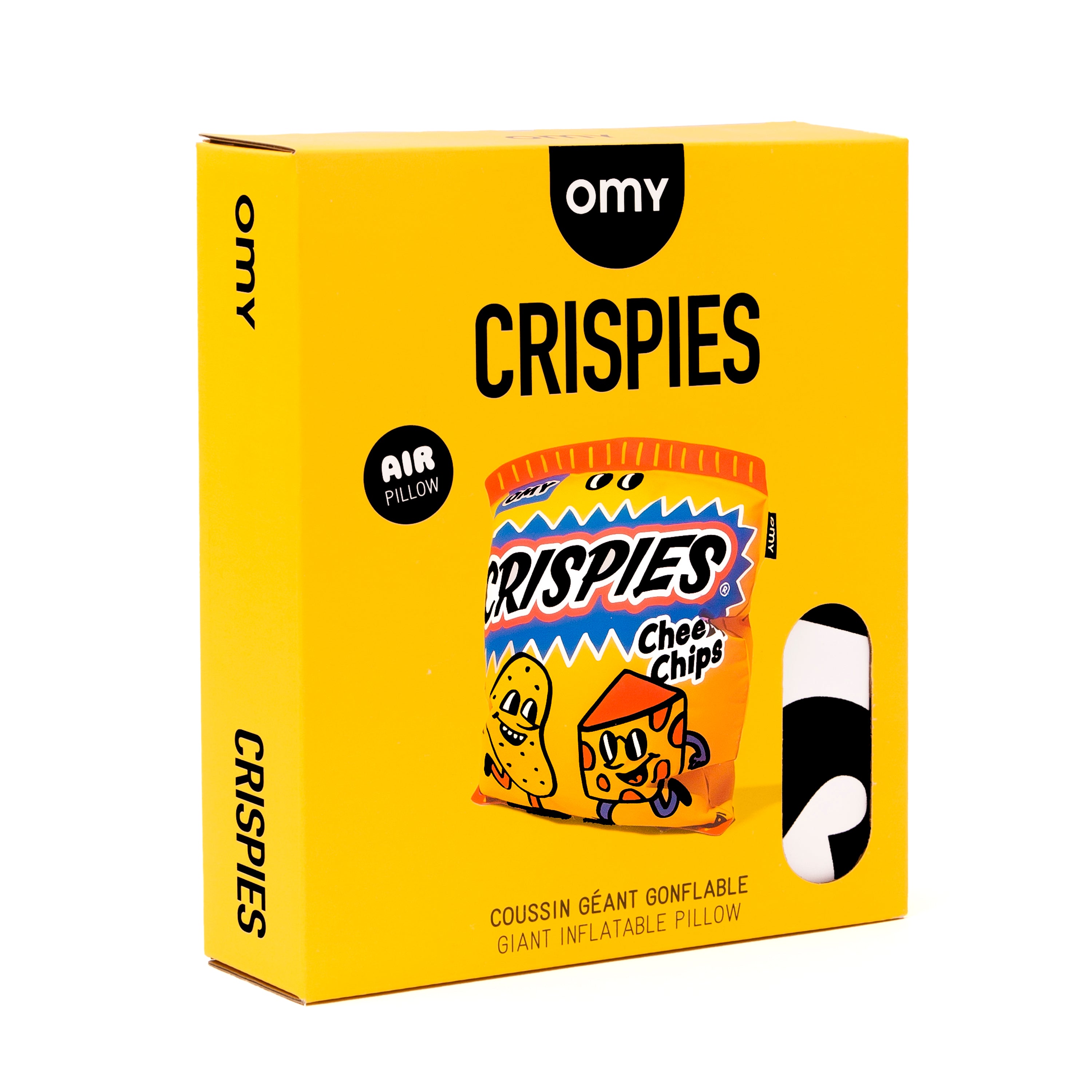 Yellow packaging of OMY Crispies Chee Chips inflatable pillow on a white background