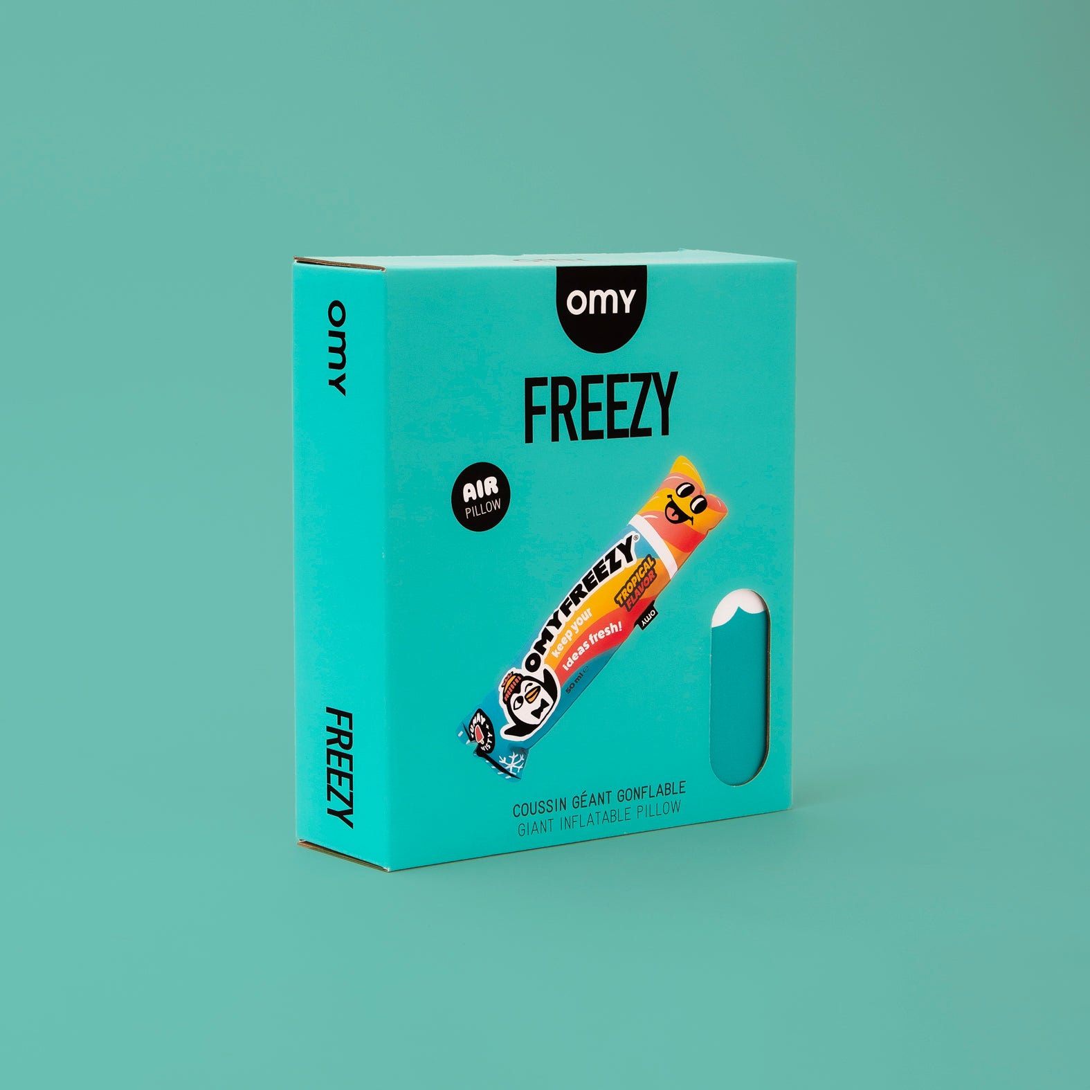 Omy Freezy Air Pillow packaging on a teal background