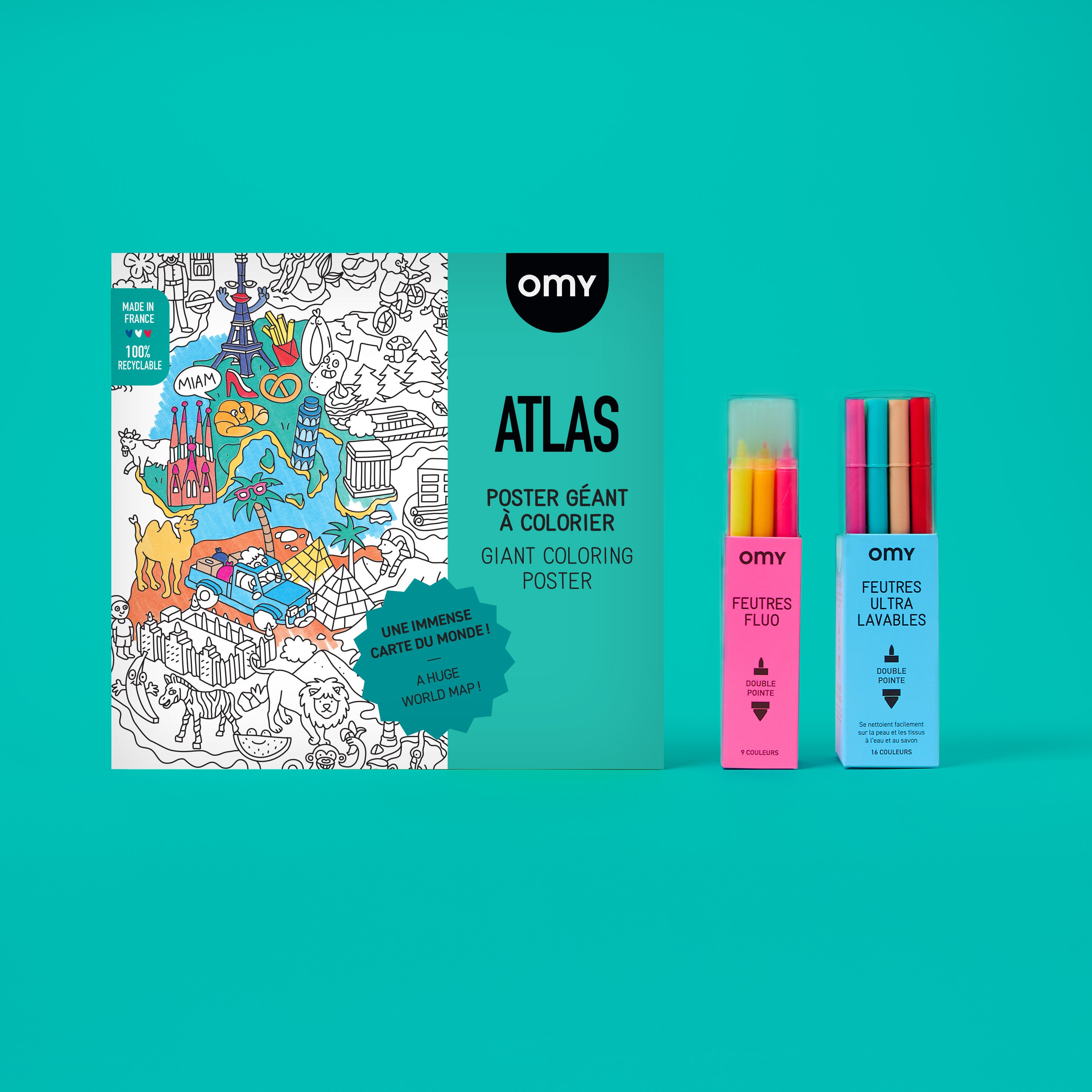 OMY Basic Box Atlas XXL giant coloring poster with neon markers set for kids and families, creative activity kit.