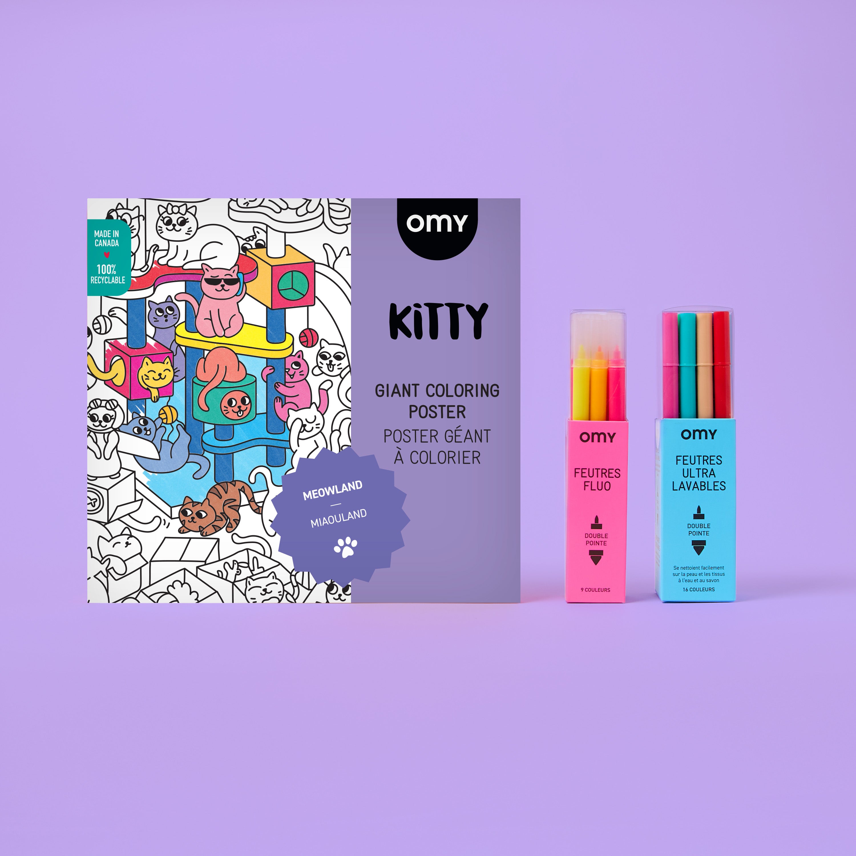 OMY Basic Box Kitty with XXL giant cat coloring poster and sets of washable and fluorescent markers for kids and family creative activities.