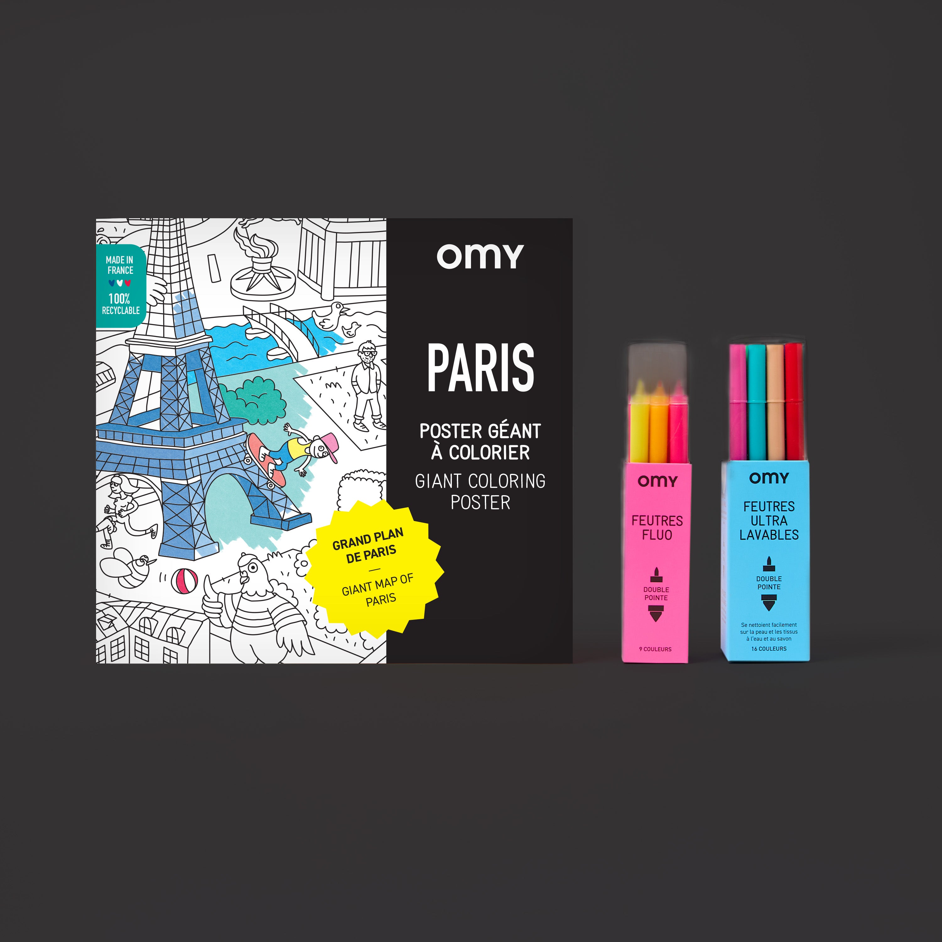  OMY Basic Box Paris with XXL giant coloring poster and sets of washable and fluorescent markers for kids and creative family activities.