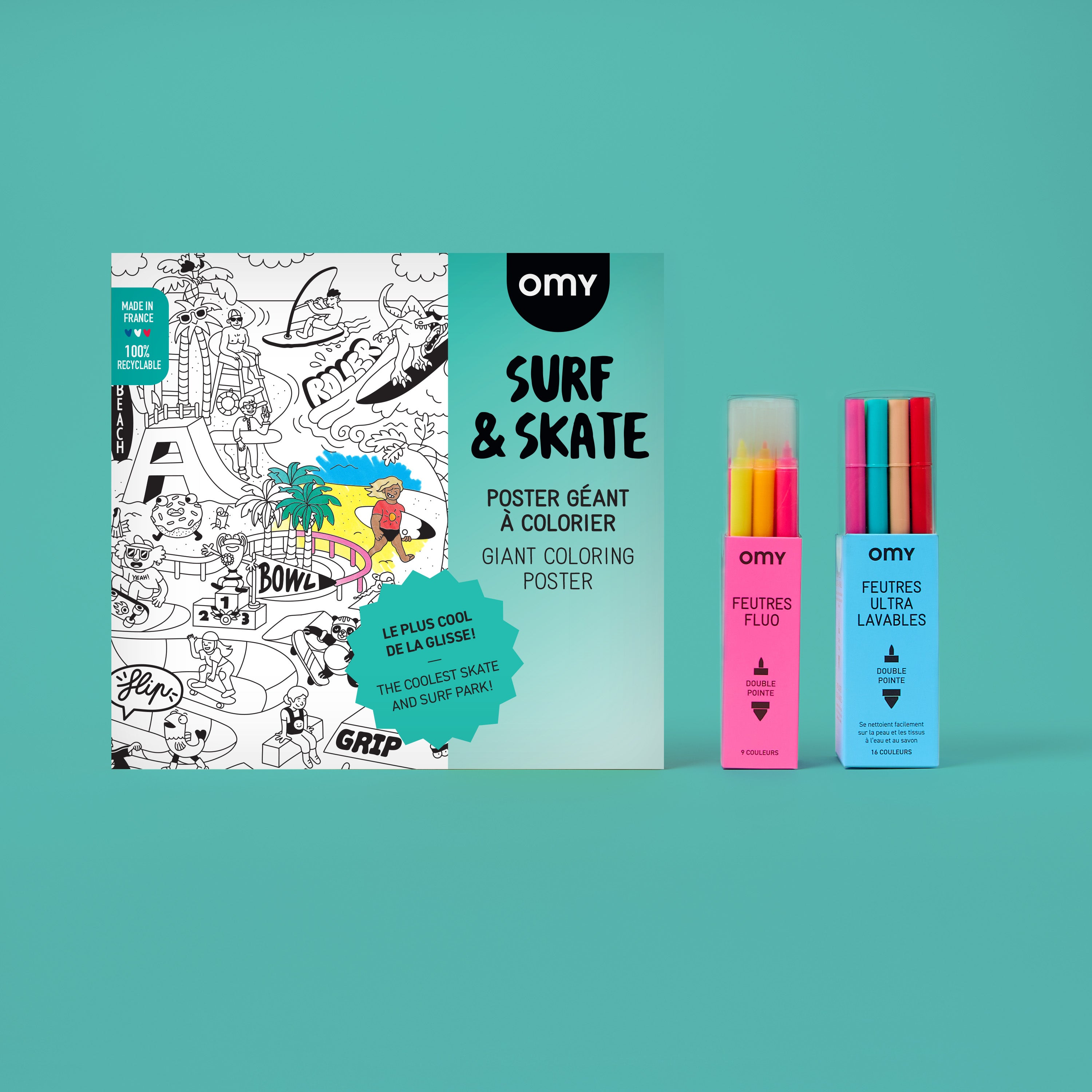 OMY Surf & Skate XXL coloring poster with energetic illustrations of surfers, skaters and street culture for creative activities.