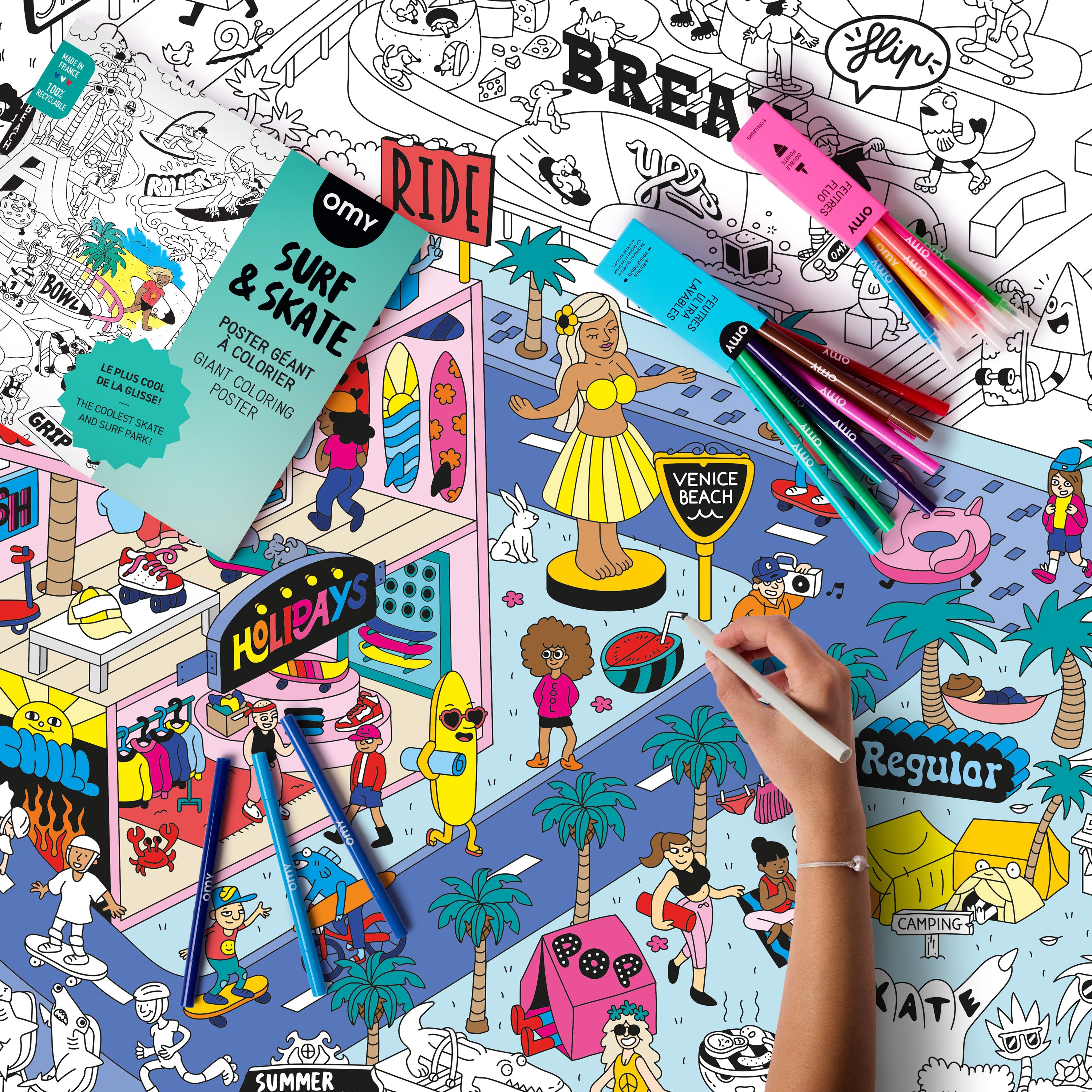 Child coloring OMY Surf & Skate giant poster with vibrant markers featuring surfboards, skateboards and fun urban scenes.