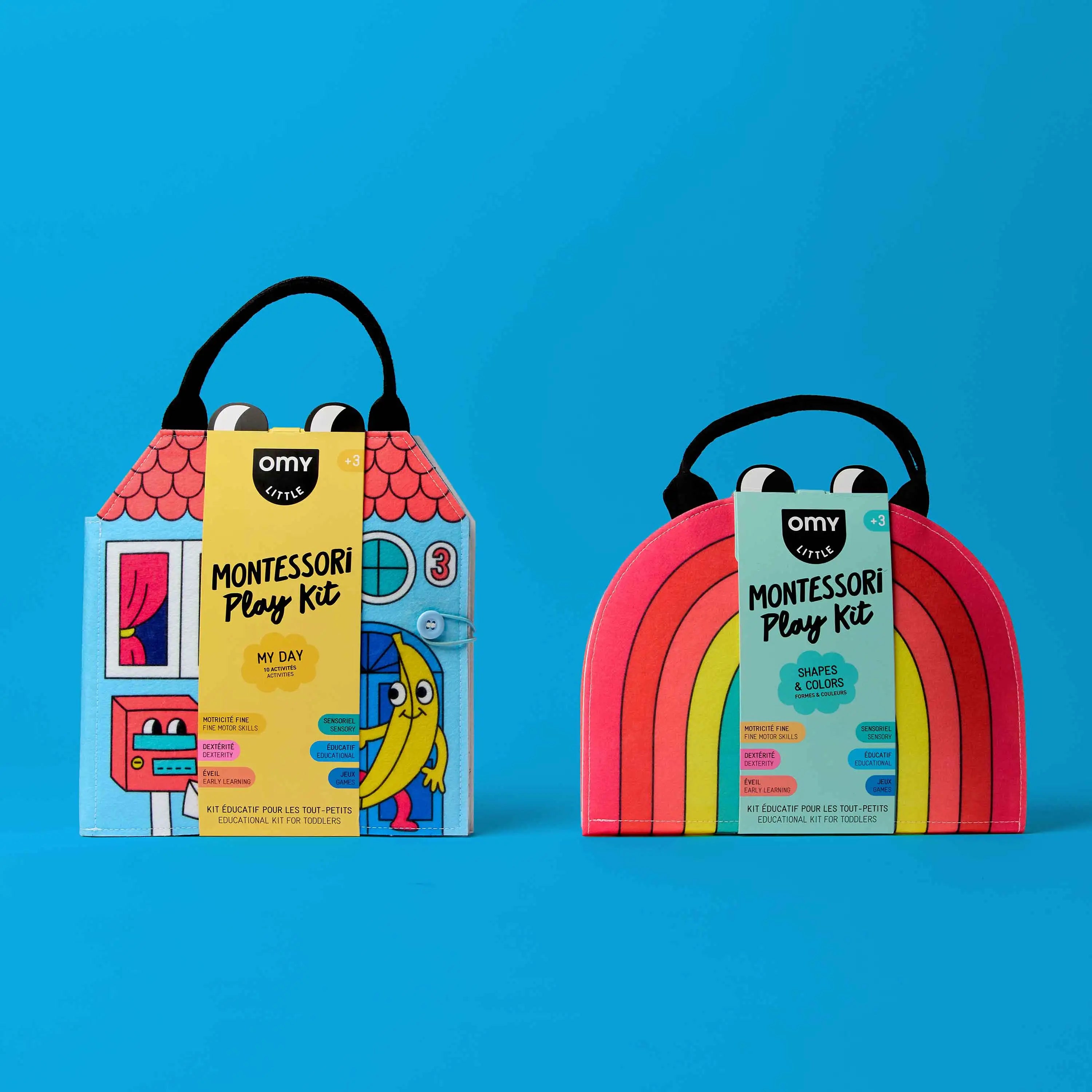 Two colorful Montessori play kits OMY on a blue background