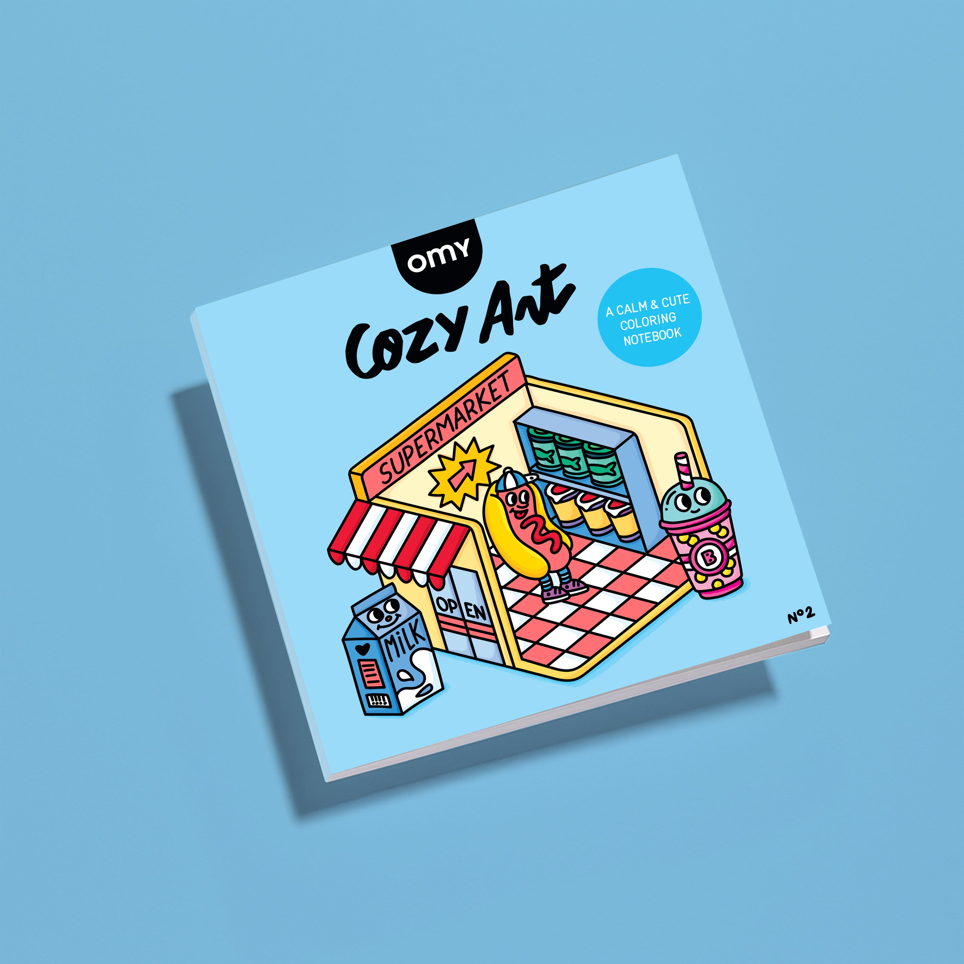 3D view of the Cozy Art "Super Market" coloring notebook with a cute illustrated supermarket on the cover against a blue background