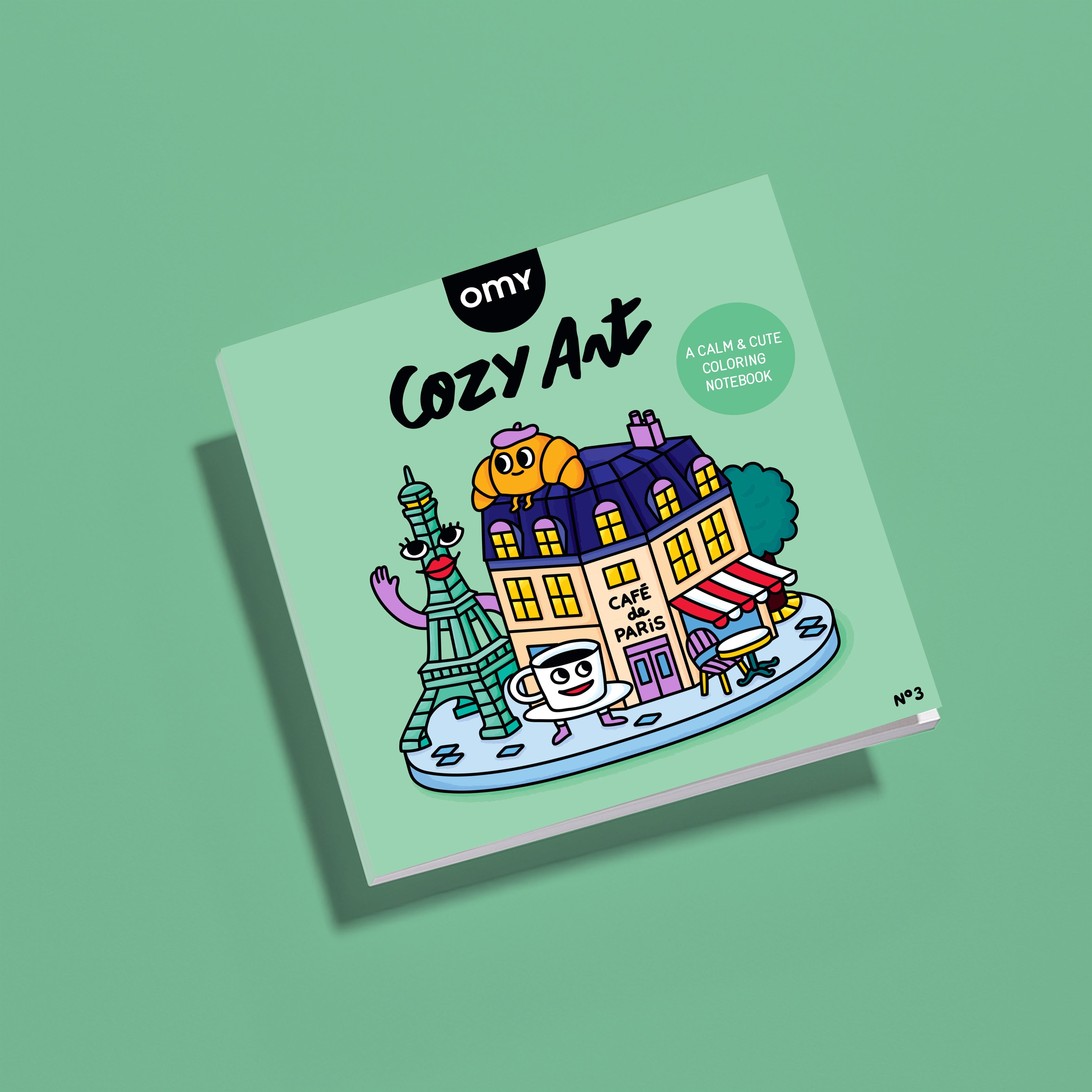 Cover of Cozy Art Paris coloring book showing charming Paris building, fountain and cat illustration on green background, ideal for creative coloring.