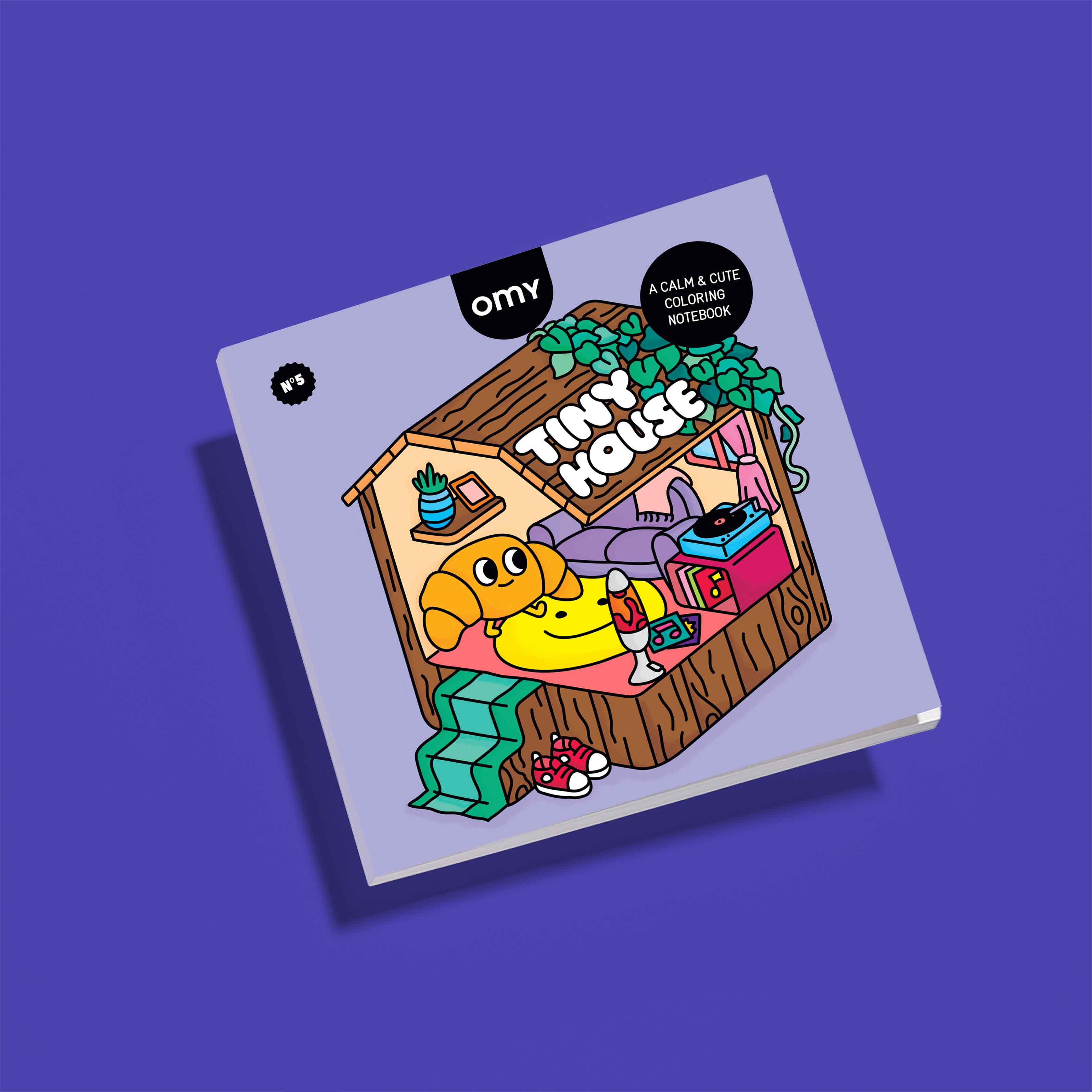 Front cover of OMY Cozy Art Tiny House coloring book featuring a colorful illustrated tiny house on a purple background