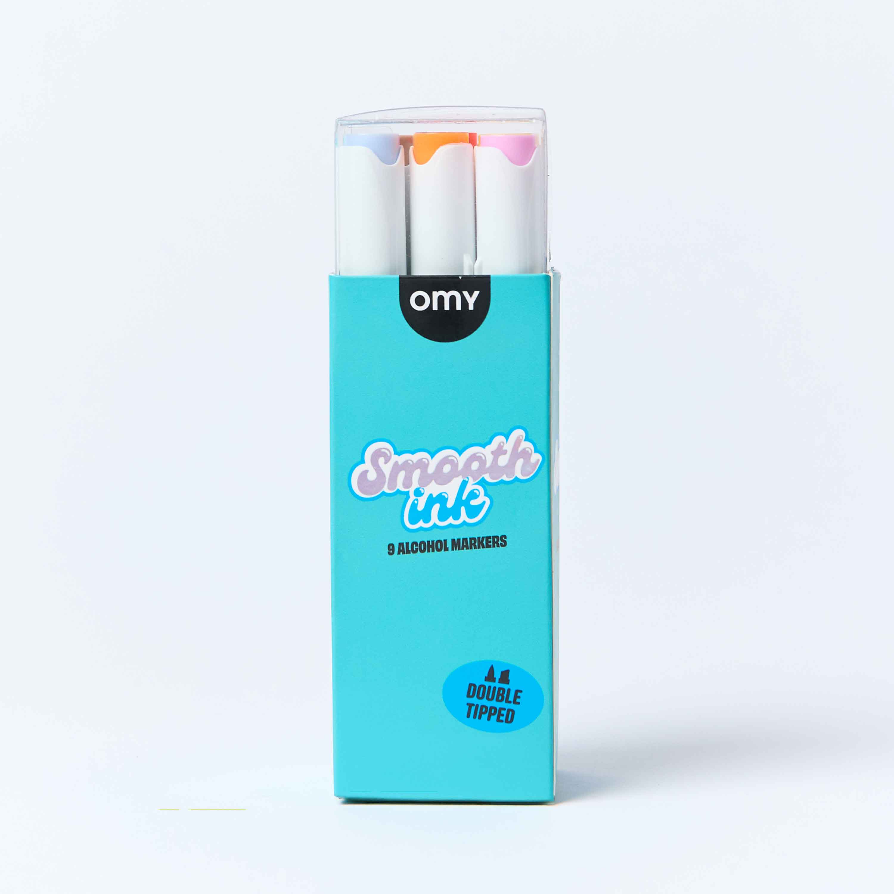 OMY Smooth Ink 9 alcohol markers in teal packaging – double-tipped art markers with brush and fine tips, professional alcohol ink markers for artists on white background