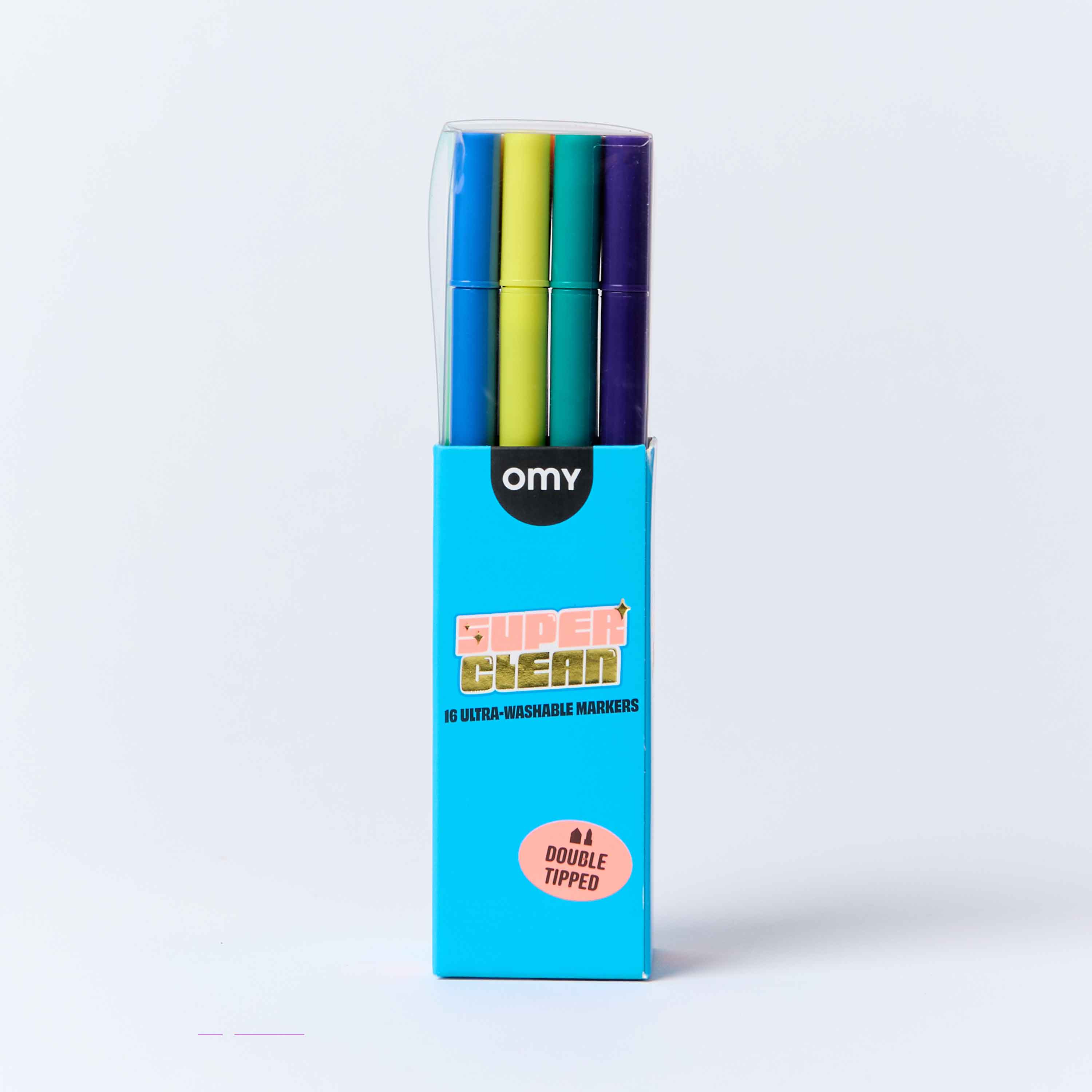 OMY Super Clean 16 ultra-washable dual-tip markers back view in turquoise packaging – blue, green and purple felt tip pens for kids on white background