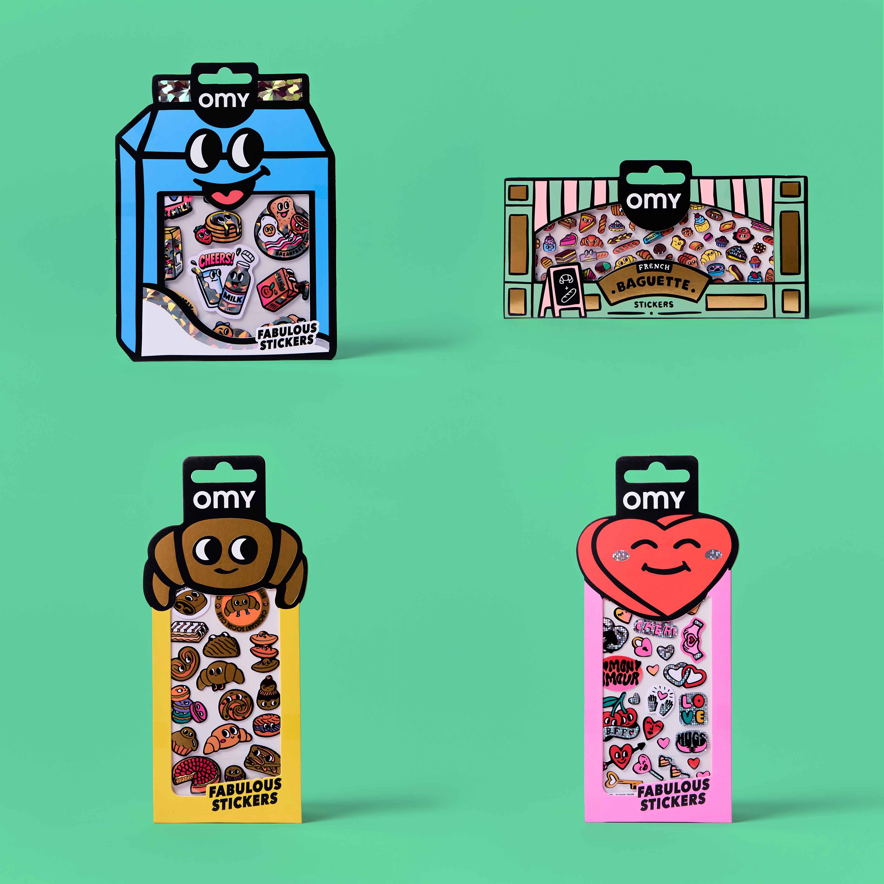 Four OMY FABULOUS STICKERS packages on a green background