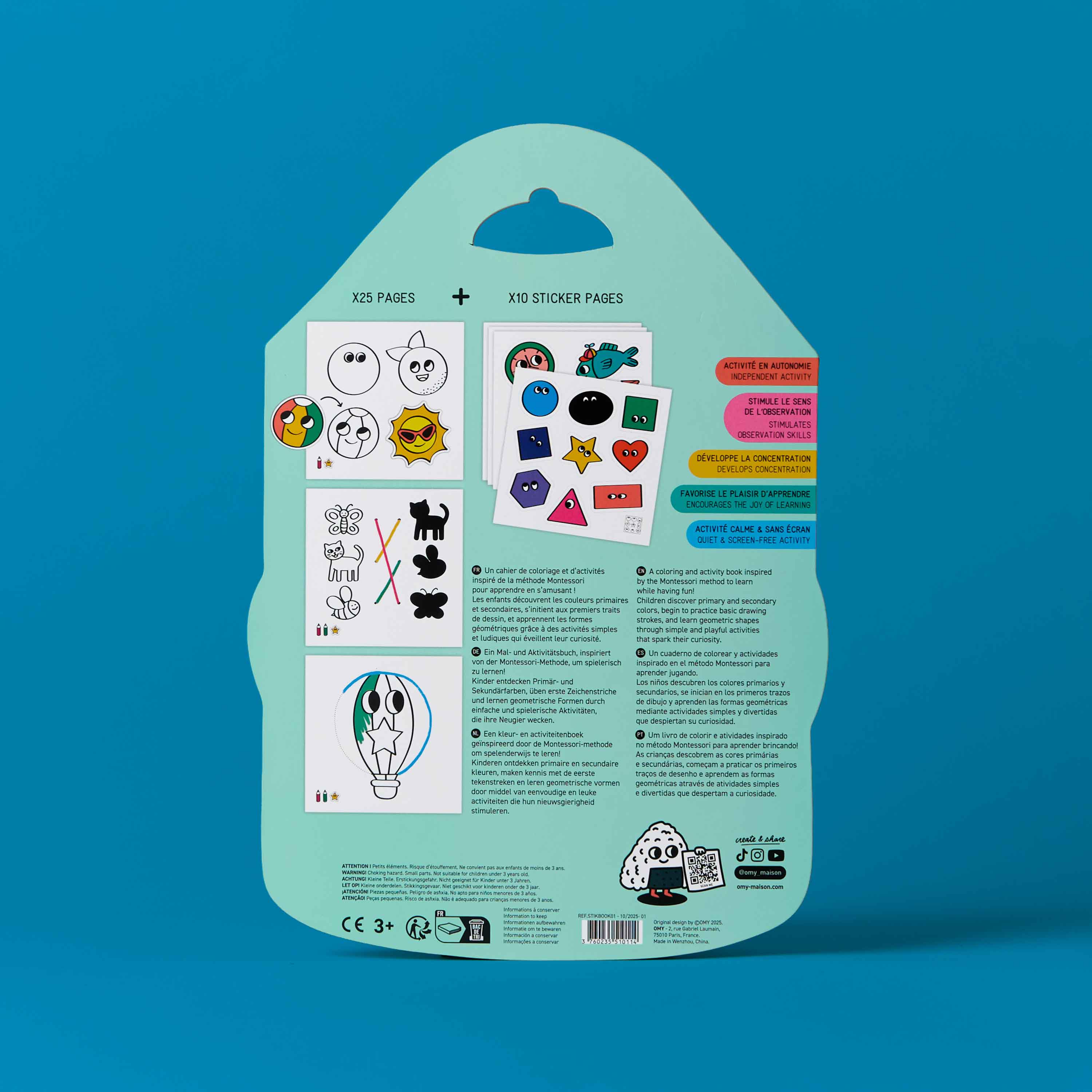 Montesori Sticker book OMY packaging with colorful stickers on a blue background