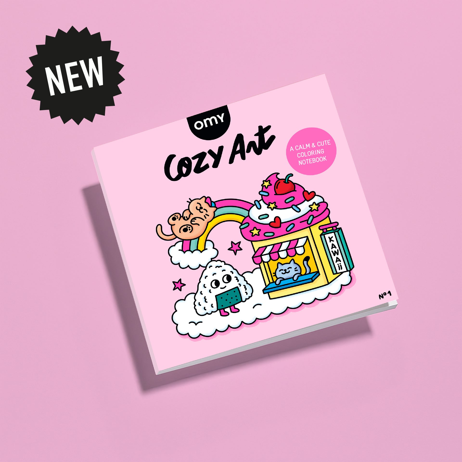 Front cover of Cozy Art Kawaii coloring book featuring adorable kawaii illustrations like a rainbow, ice cream sundae, rice ball, cat, and cupcake on a pink background with 'New' label, perfect for coloring.