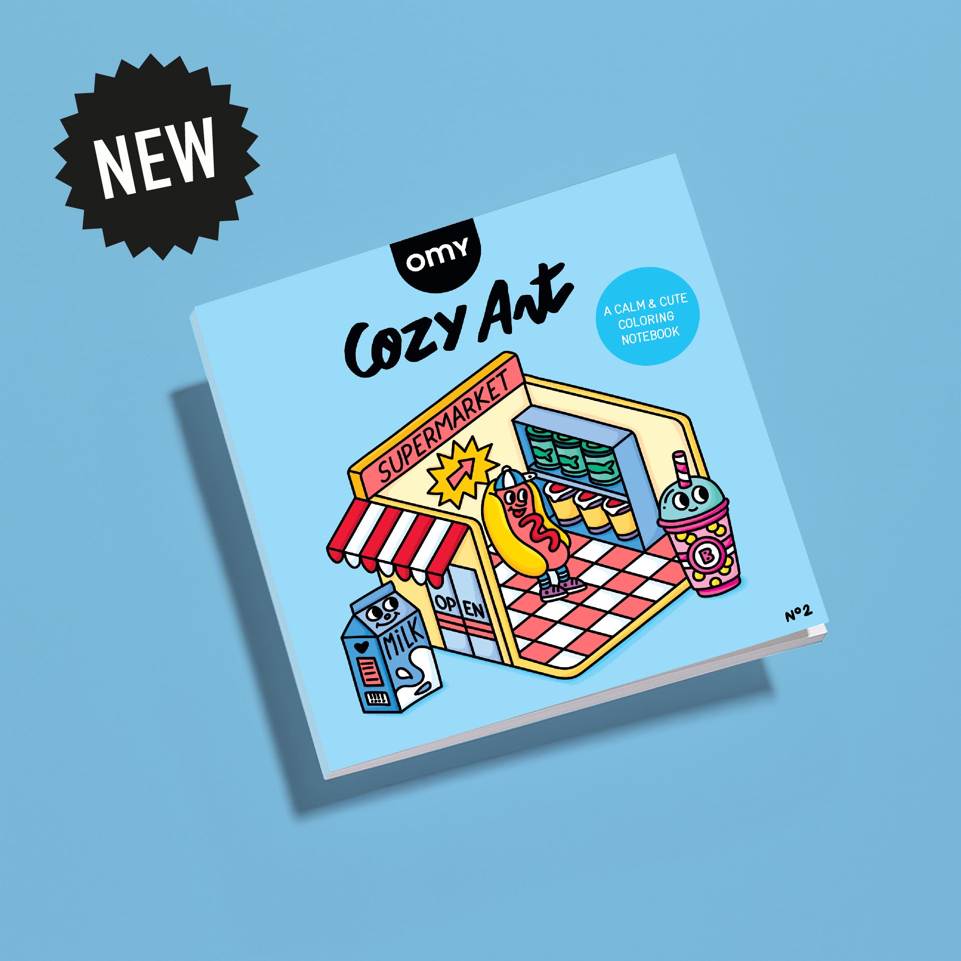 Cover of the Cozy Art "Super Market" coloring notebook showing a cute supermarket scene