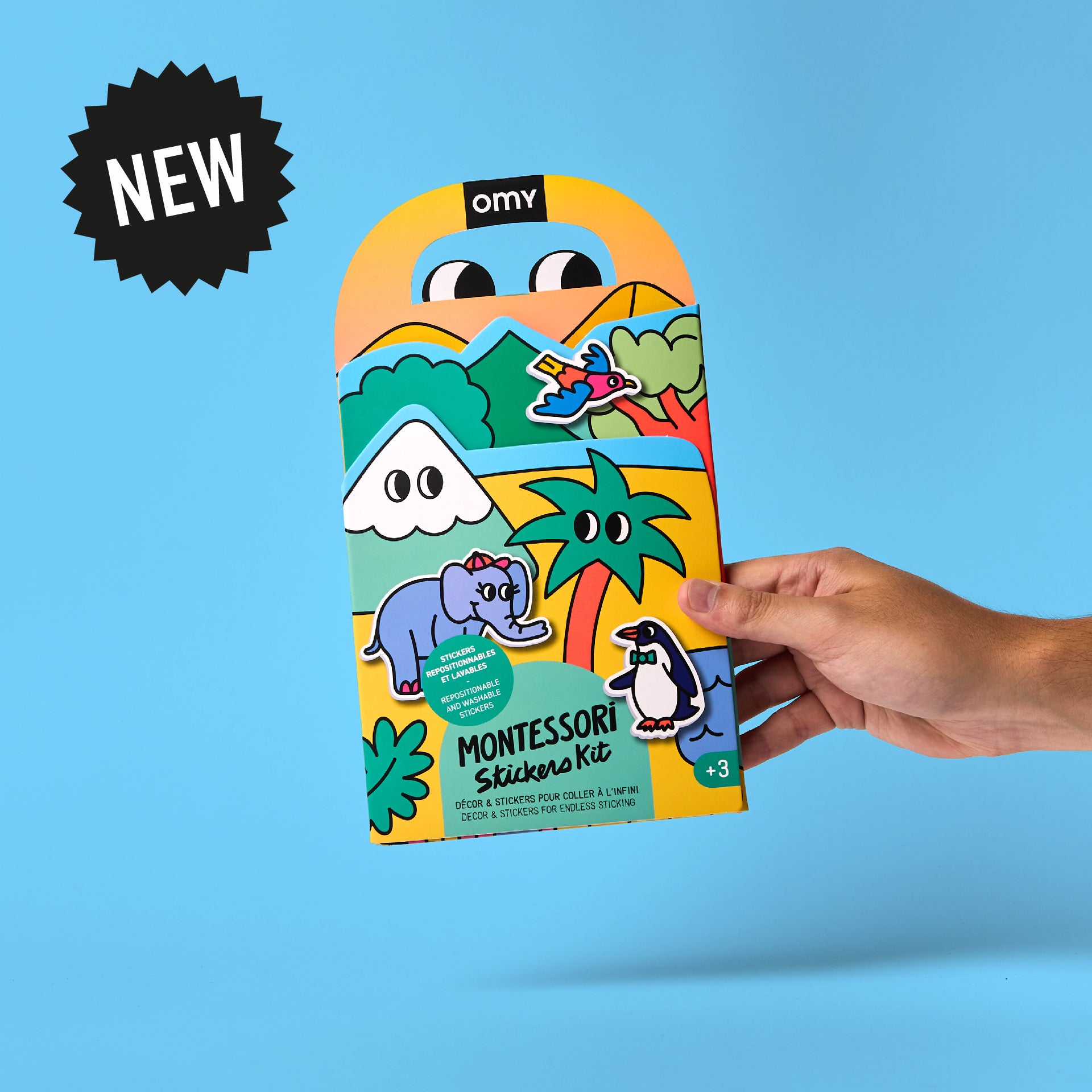 Montessori Stickers Kit – Animals packaging with colorful animal illustrations held by a hand, new Montessori sticker activity for kids.