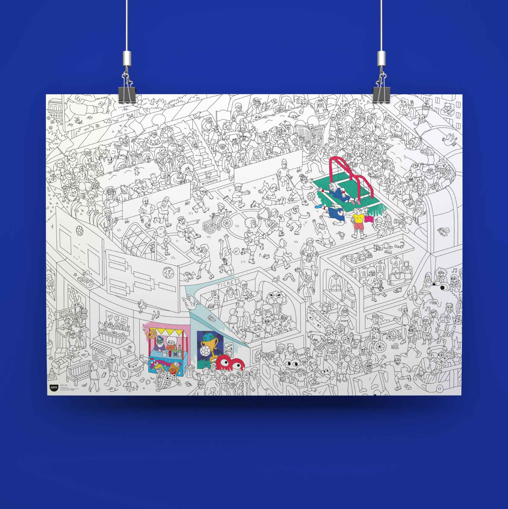 Coloring poster page OMY Goal with detailed illustrations on a blue background