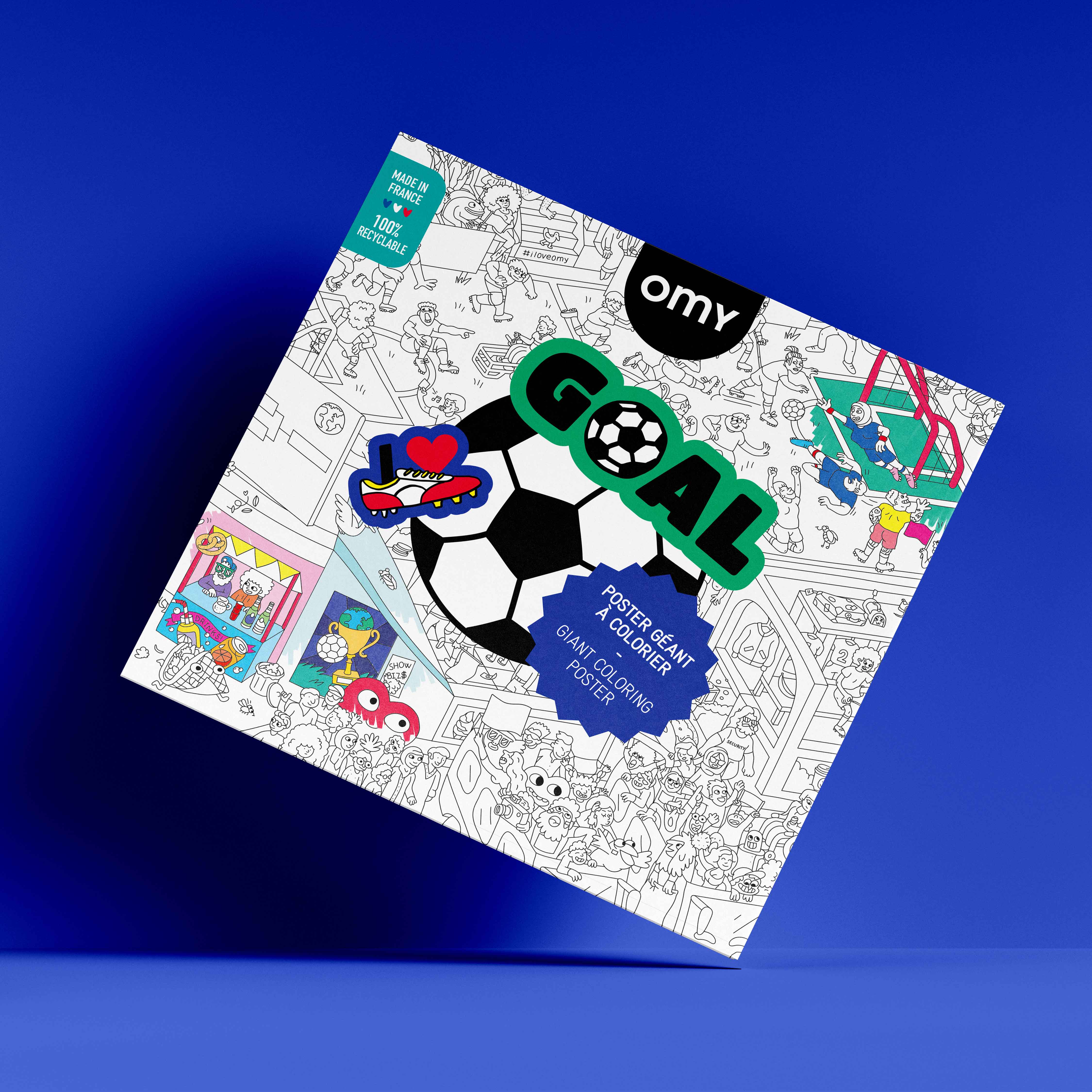 Coloring book with goal theme OMY on a blue background