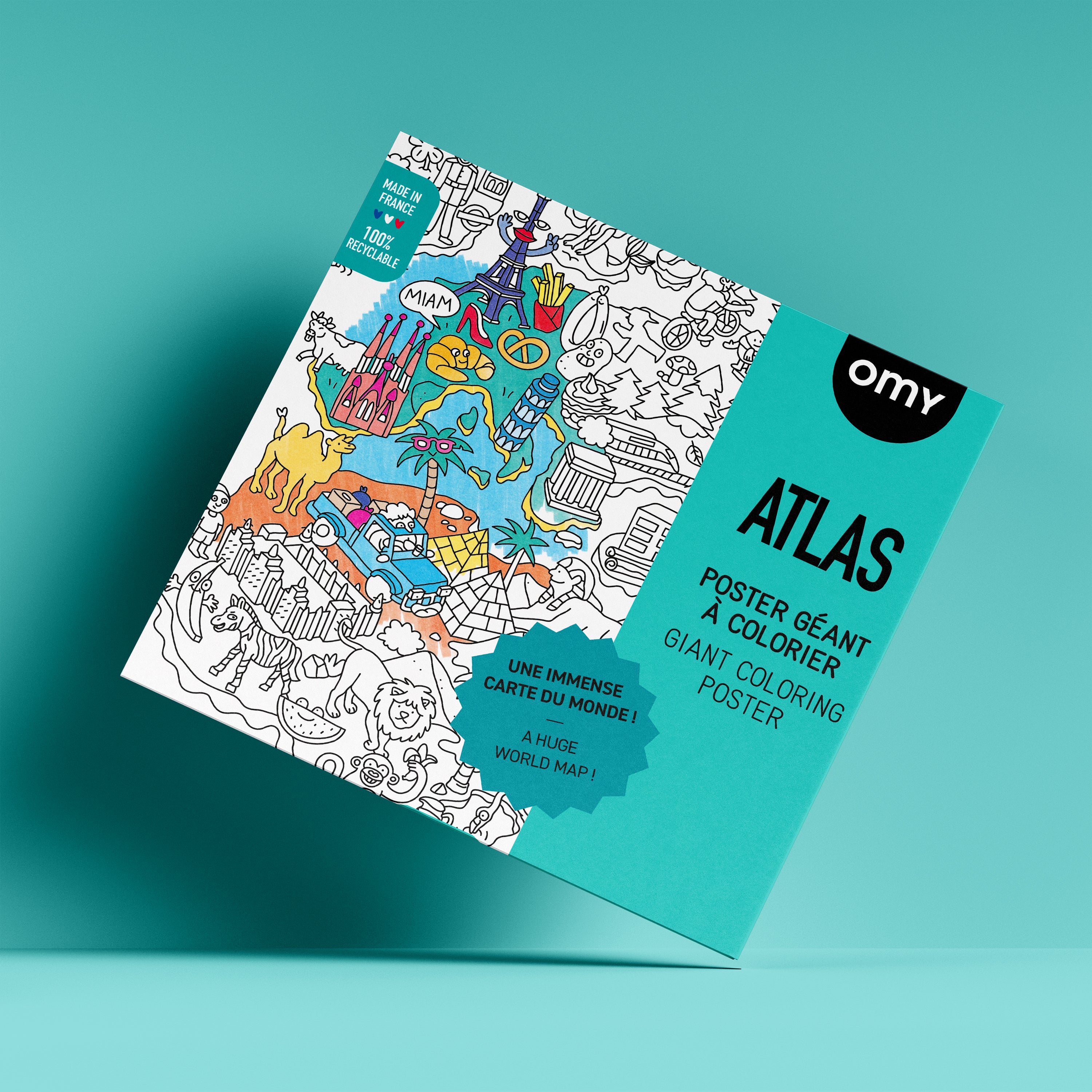 Packaging of OMY Atlas Giant Poster - Giant Atlas XXL coloring poster by OMY with detailed illustrations for kids and adults.