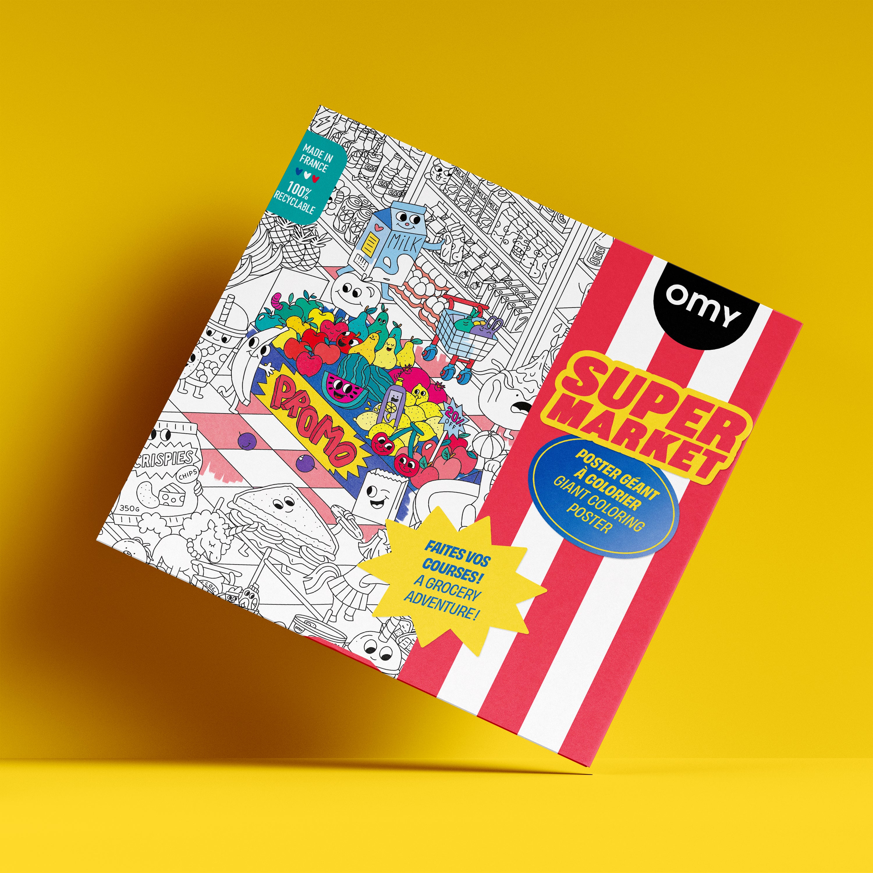 OMY Super Market Giant Coloring Poster box on vibrant yellow background – fun XXL grocery-themed poster for kids and families to color and decorate.