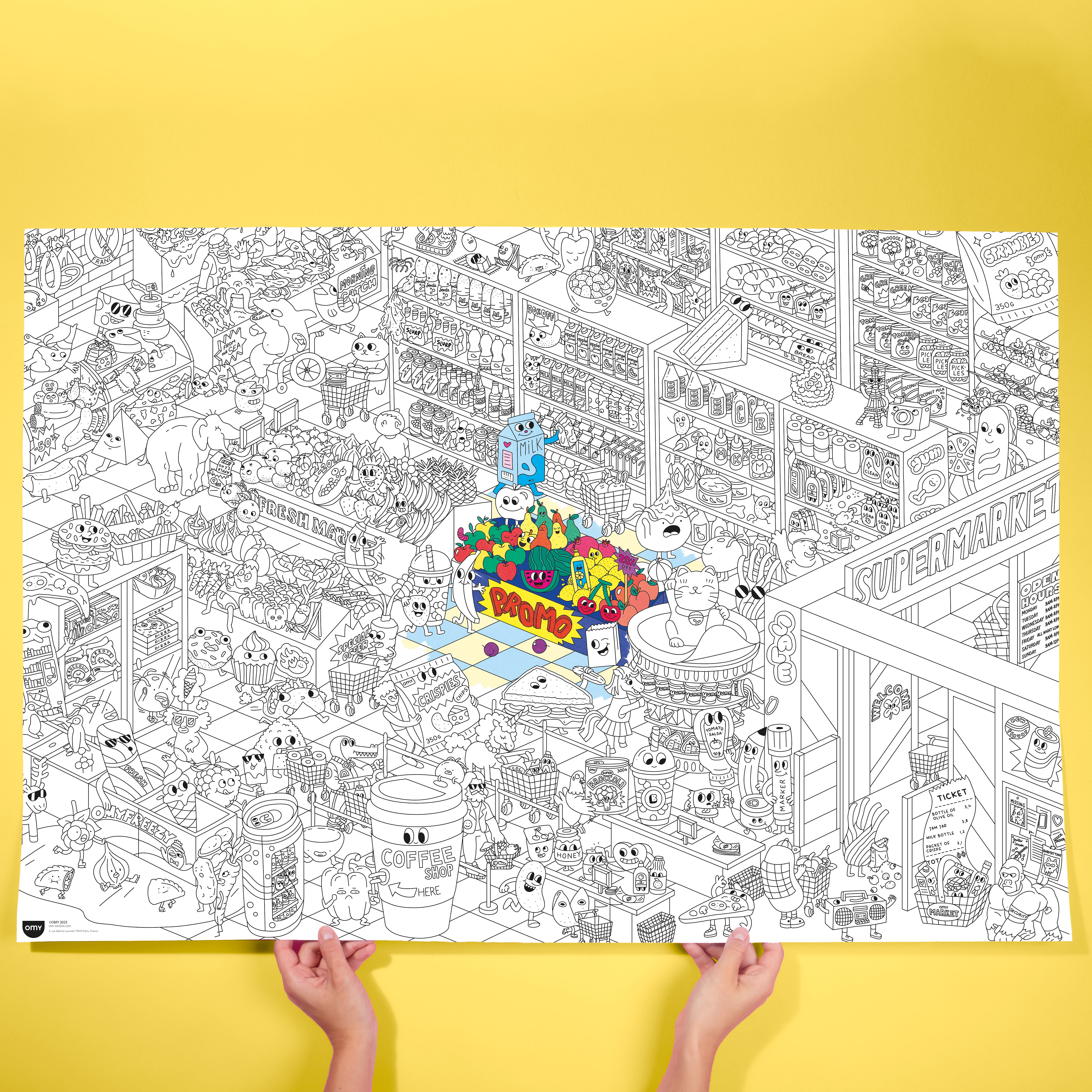 Hands holding the OMY Super Market Giant Coloring Poster – large XXL black and white grocery store scene to color with markers, crayons or watercolor.