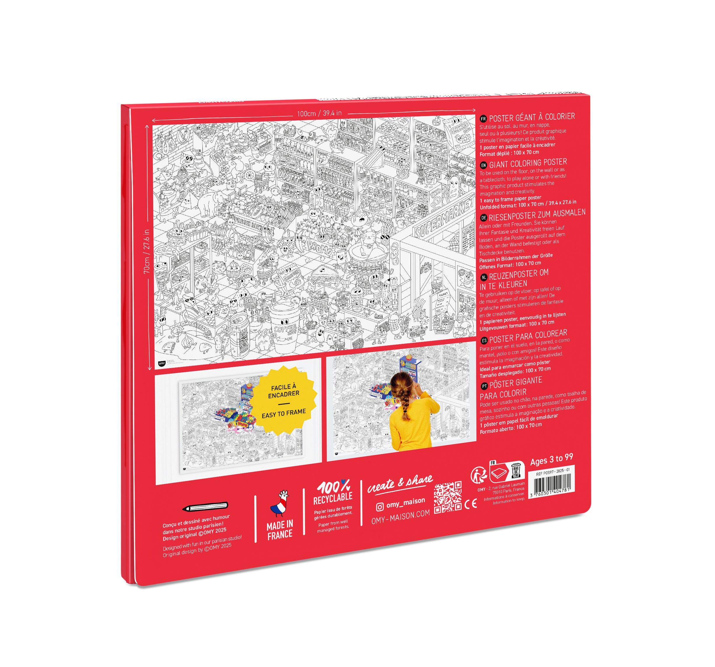 Back of the OMY Super Market Giant Coloring Poster packaging showing XXL format, easy-to-frame design, and child coloring the grocery-themed poster.