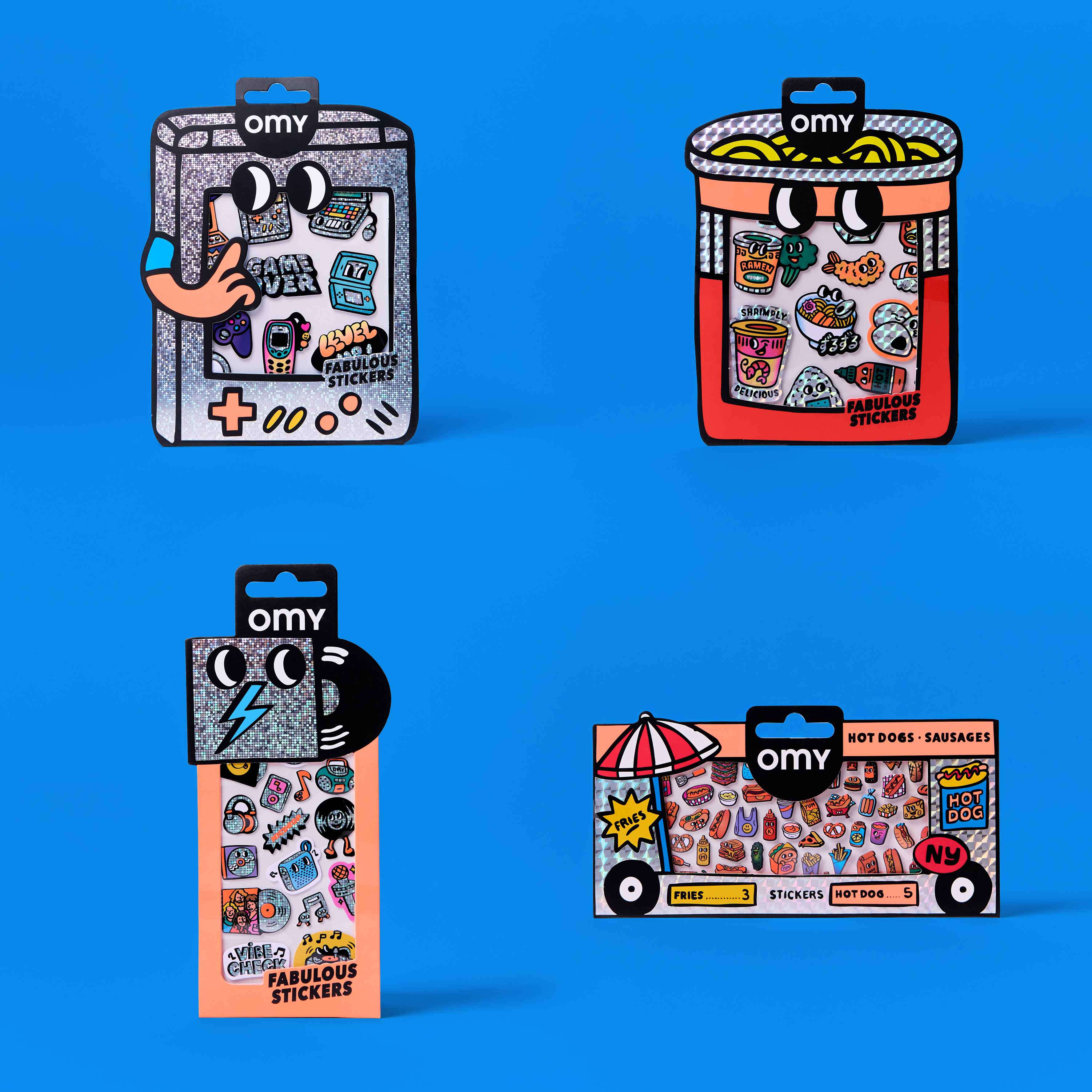 Four packages of OMY stickers on a blue background