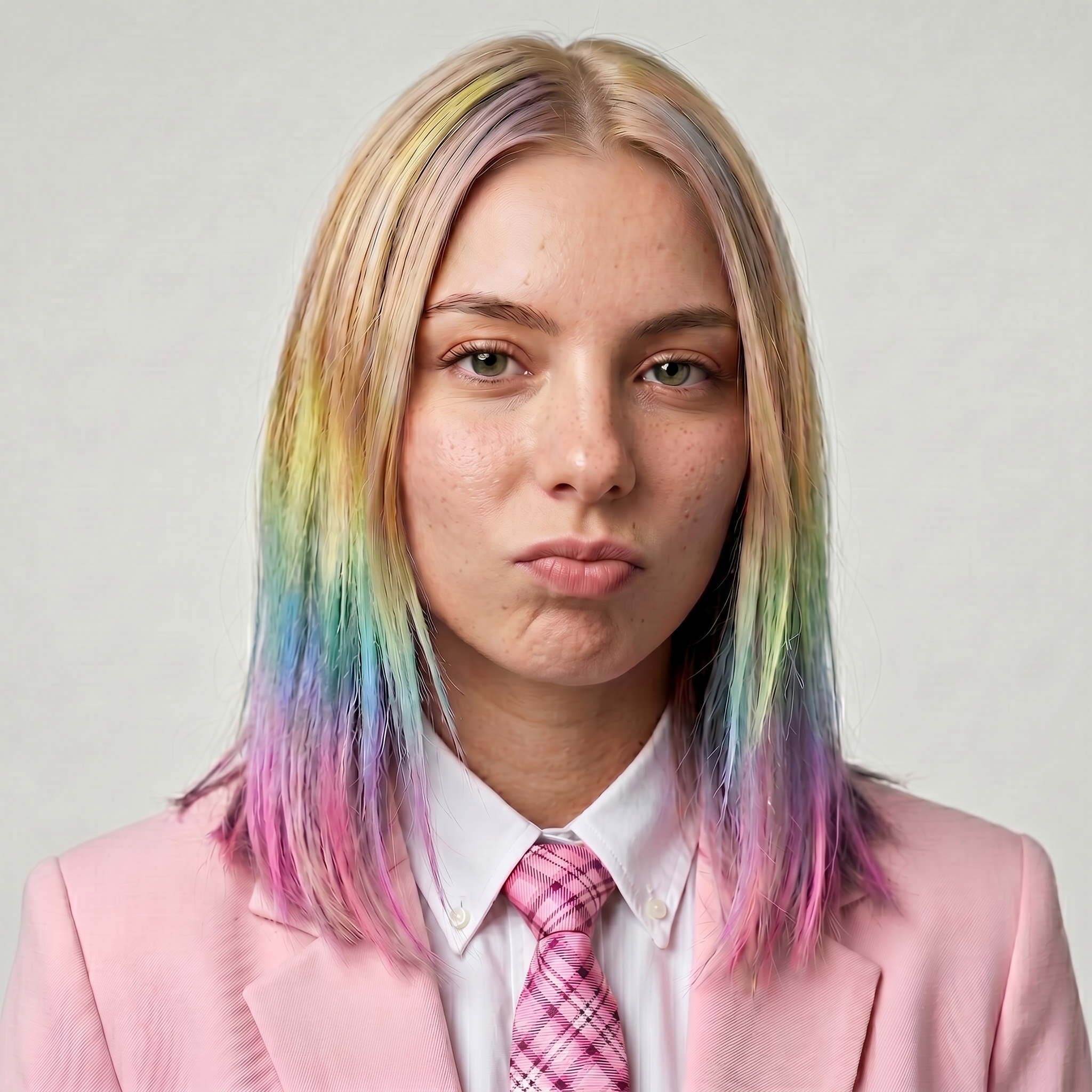 Young woman with full rainbow hair color effect – yellow, green, blue and pink temporary hair chalk by OMY, wearing a pink blazer on a neutral background
