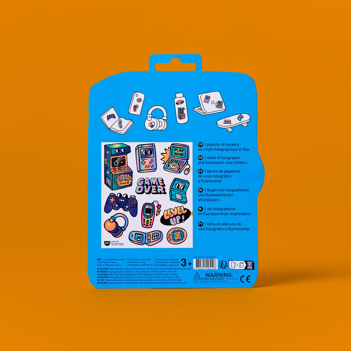 Blue packaging of stickers big game boy OMY on an orange background