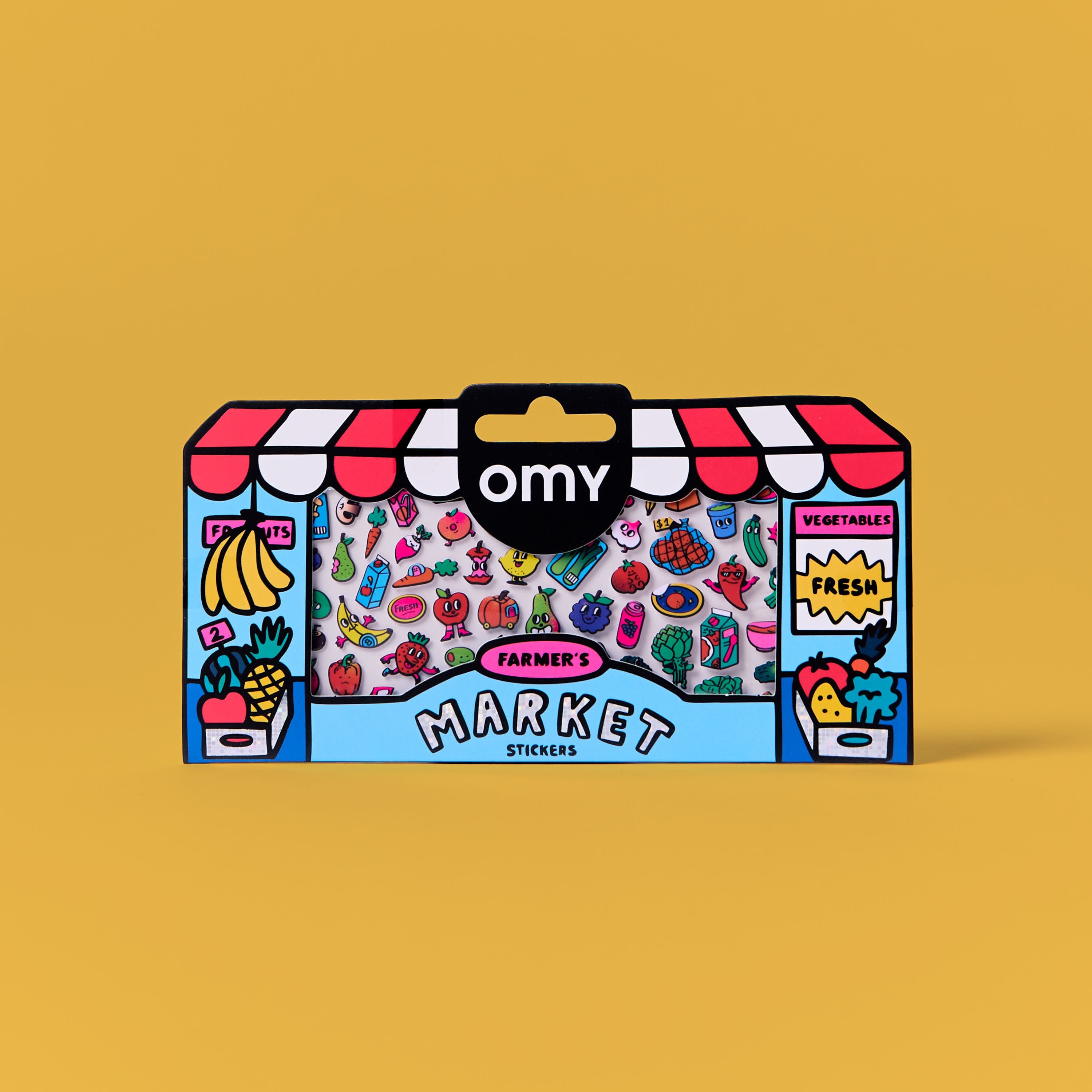 Pack of OMY stickers Market with colorful design on a yellow background