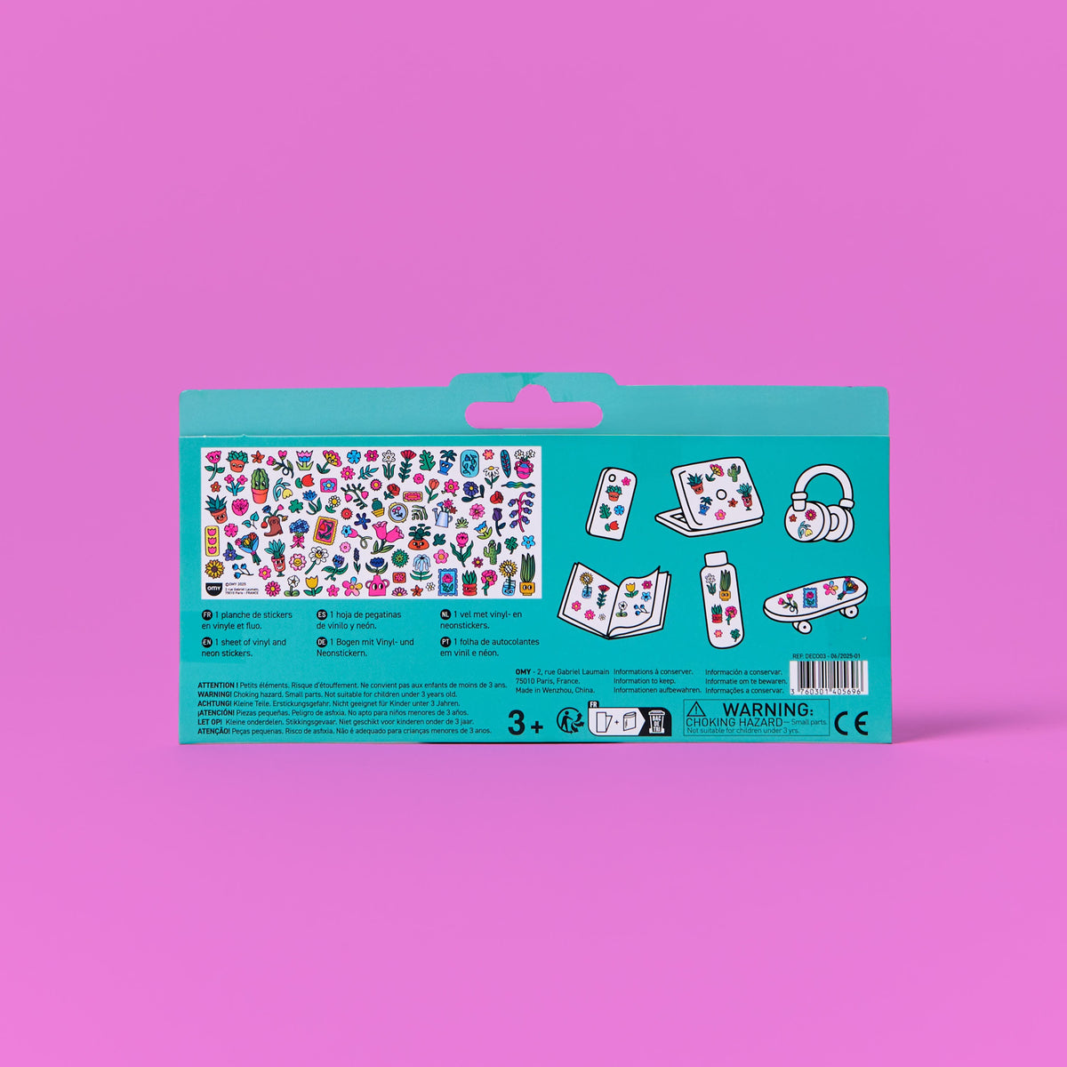 OMY stickers packaging with illustrations on a pink background