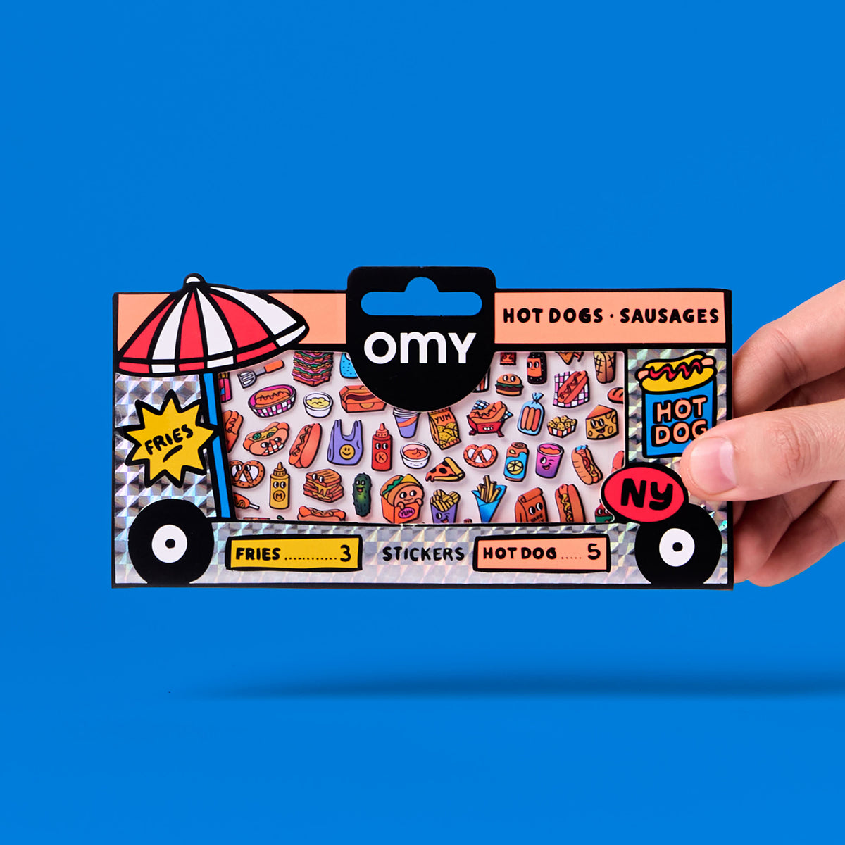 Packaged stickers Hot Dog OMY with colorful illustrations on a blue background