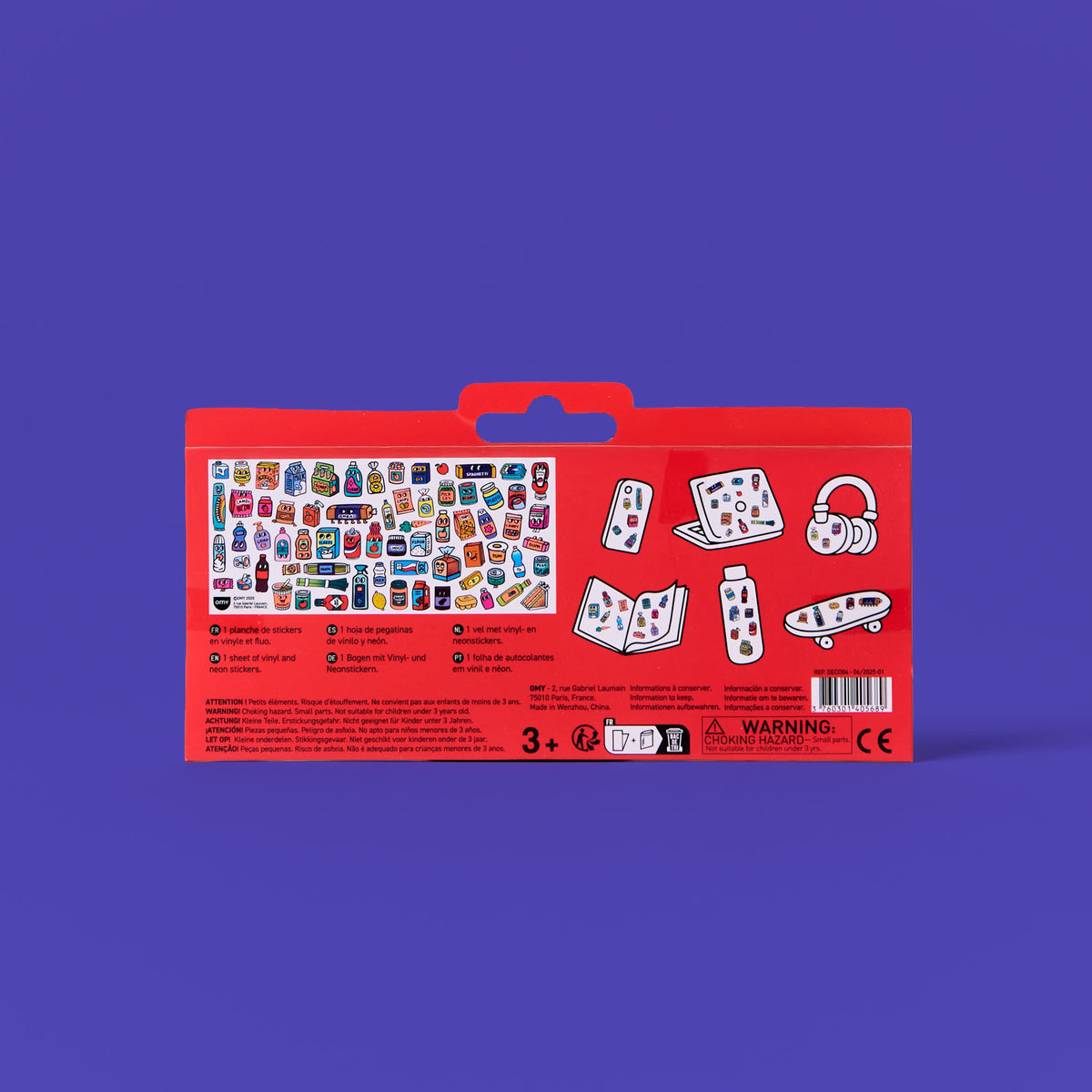 Red packaging OMY stickers with colorful illustrations on a purple background