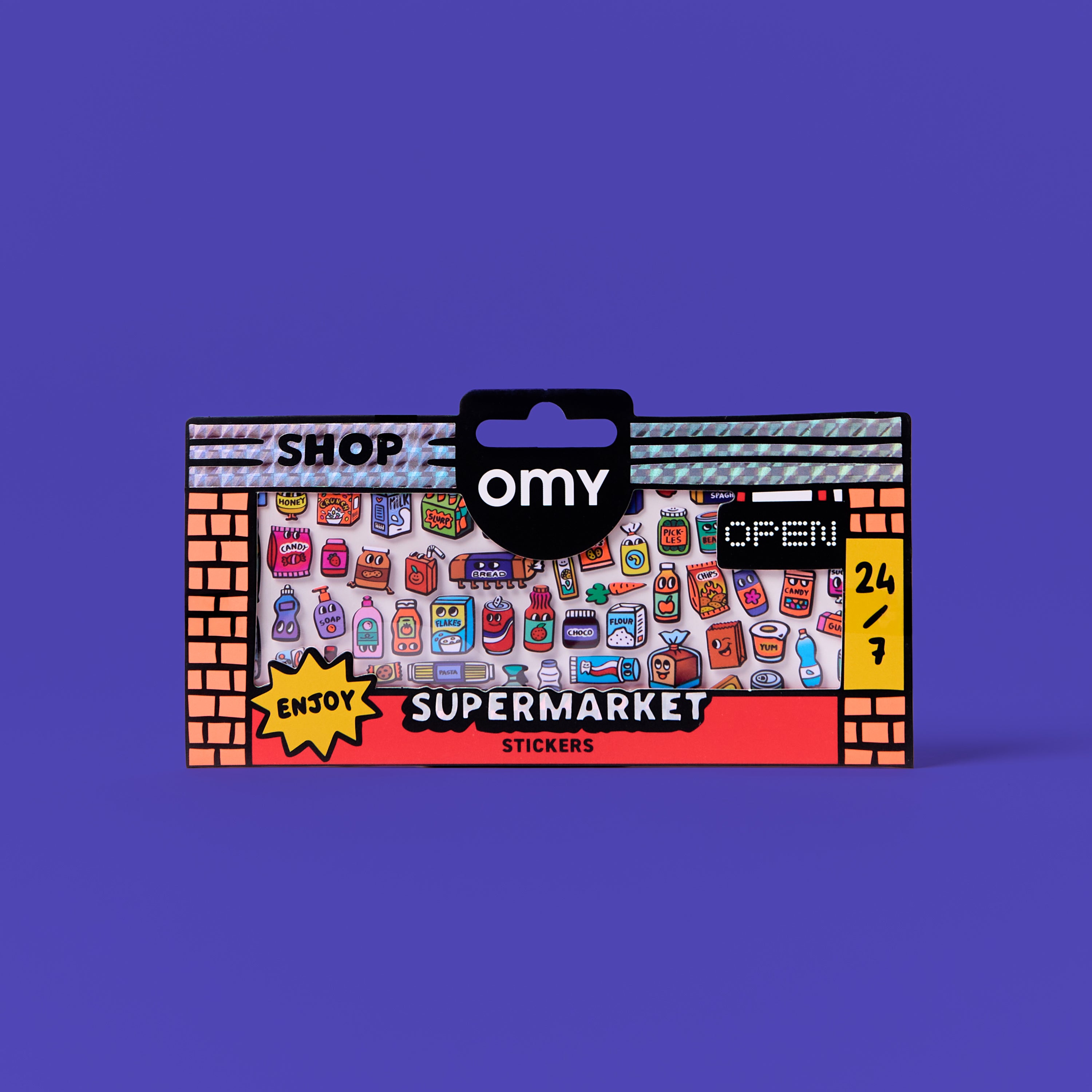Pack of OMY supermarket stickers on a purple background