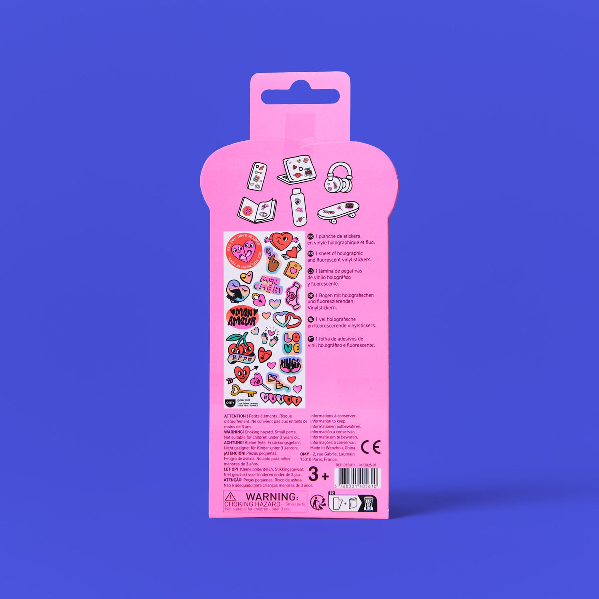 Pink packaging of stickers iconic love OMY with various designs on a blue background