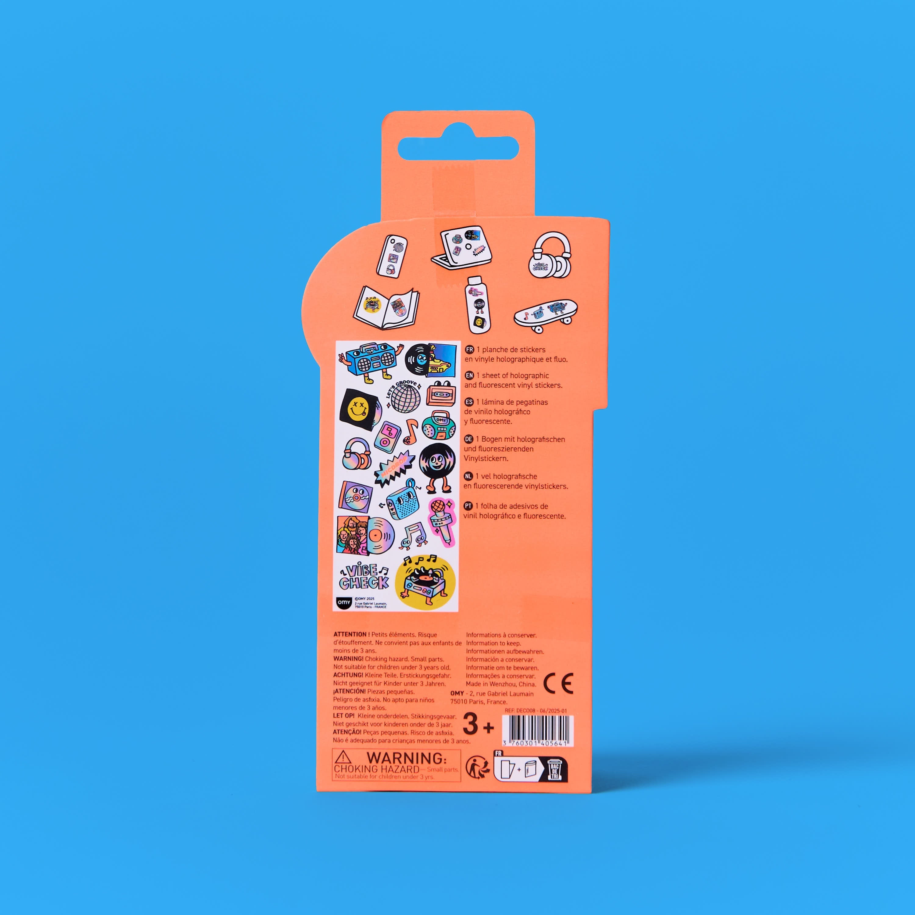 Sticker Music OMY pack with colorful designs on an orange card against a blue background