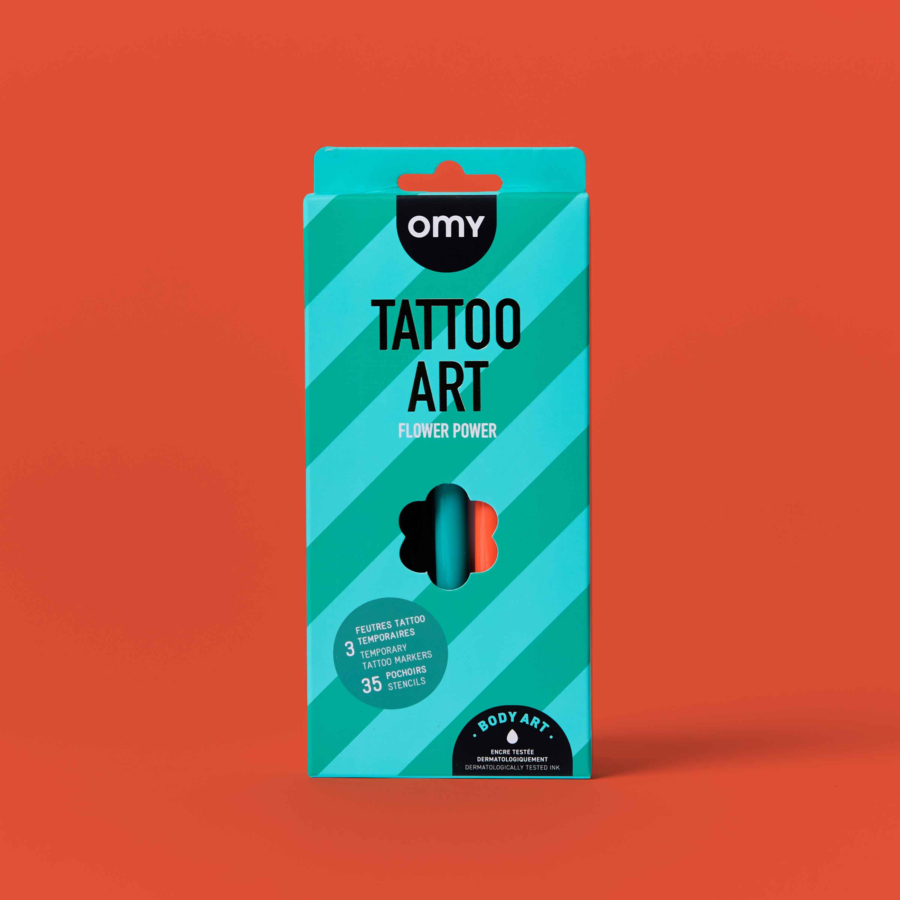OMY Tattoo Art Flower Power temporary tattoo markers kit front packaging