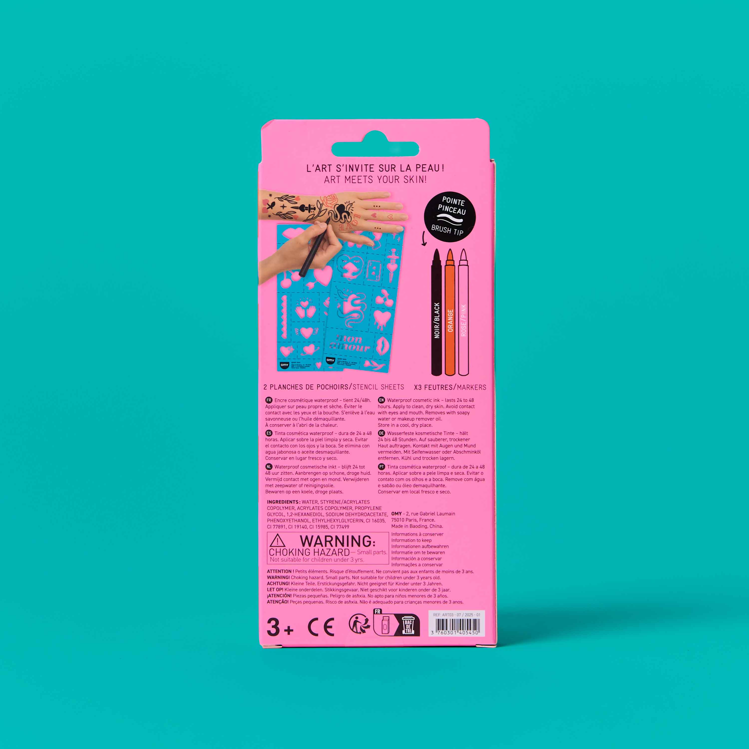 Back of OMY Tattoo Art I Love You temporary tattoo markers kit with instructions and details